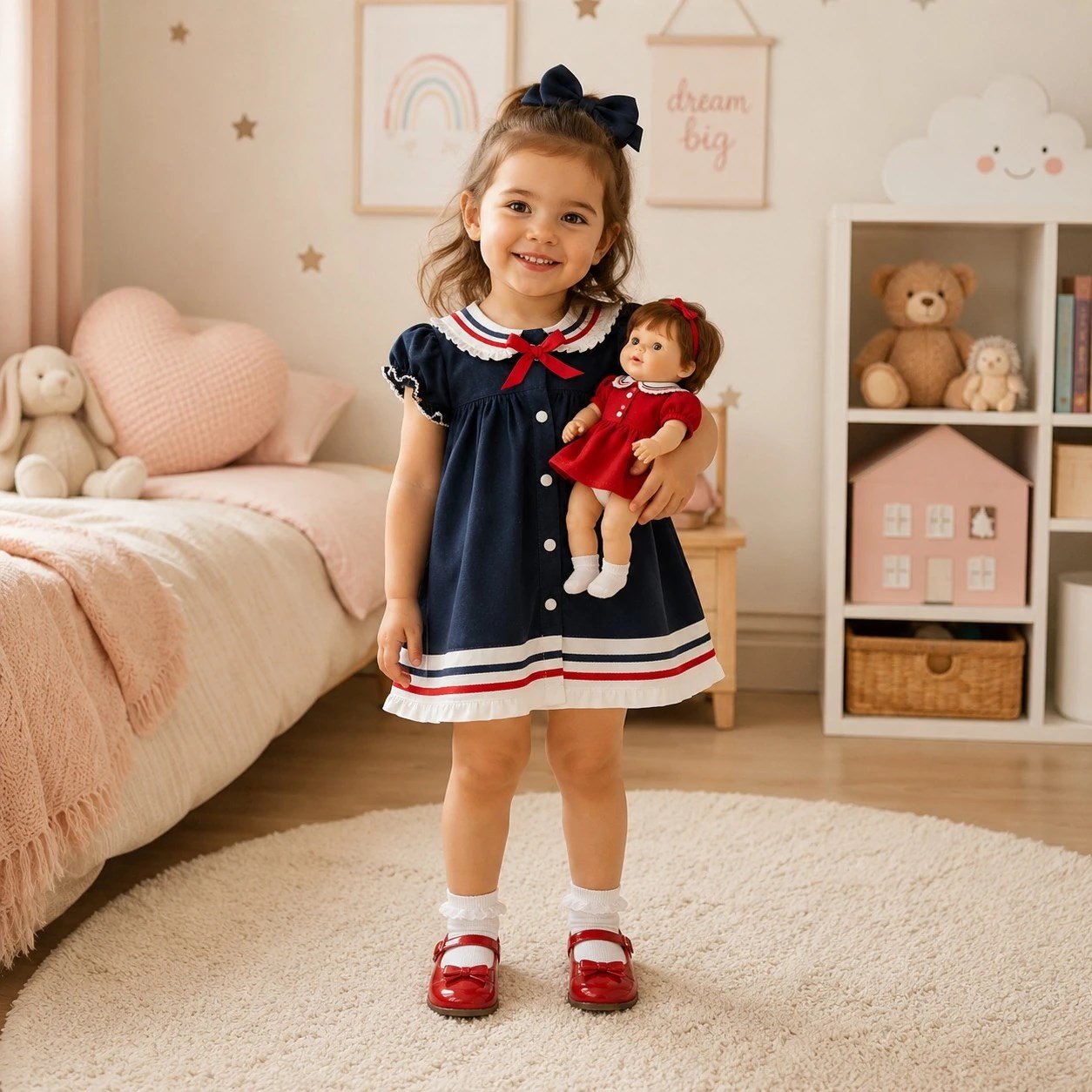 FİYONK VE YAKA DETAYLI LACİVERT BEBEK ELBİSE 