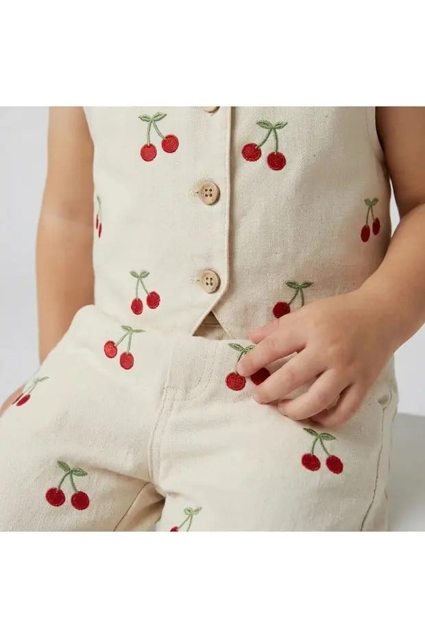 KETEN KİRAZ NAKIŞLI YELEK PANTOLON İKİLİ TAKIM