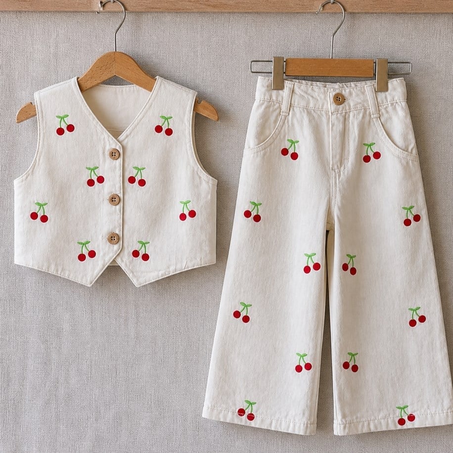 KİRAZ NAKIŞLI COTTON YELEK PANTOLON TAKIM