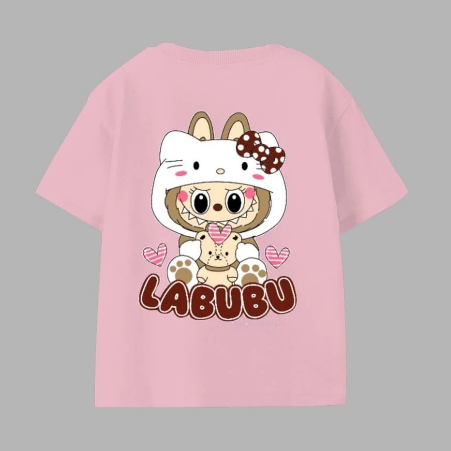 ÖNLÜ ARKALI LABUBU BASKILI  T-SHİRT PEMBE