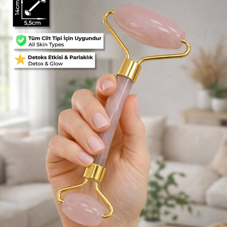 Pembe Kuvars Doğal Taş Face Roller Taşı Yüz Masaj Aleti - Altın Sap
