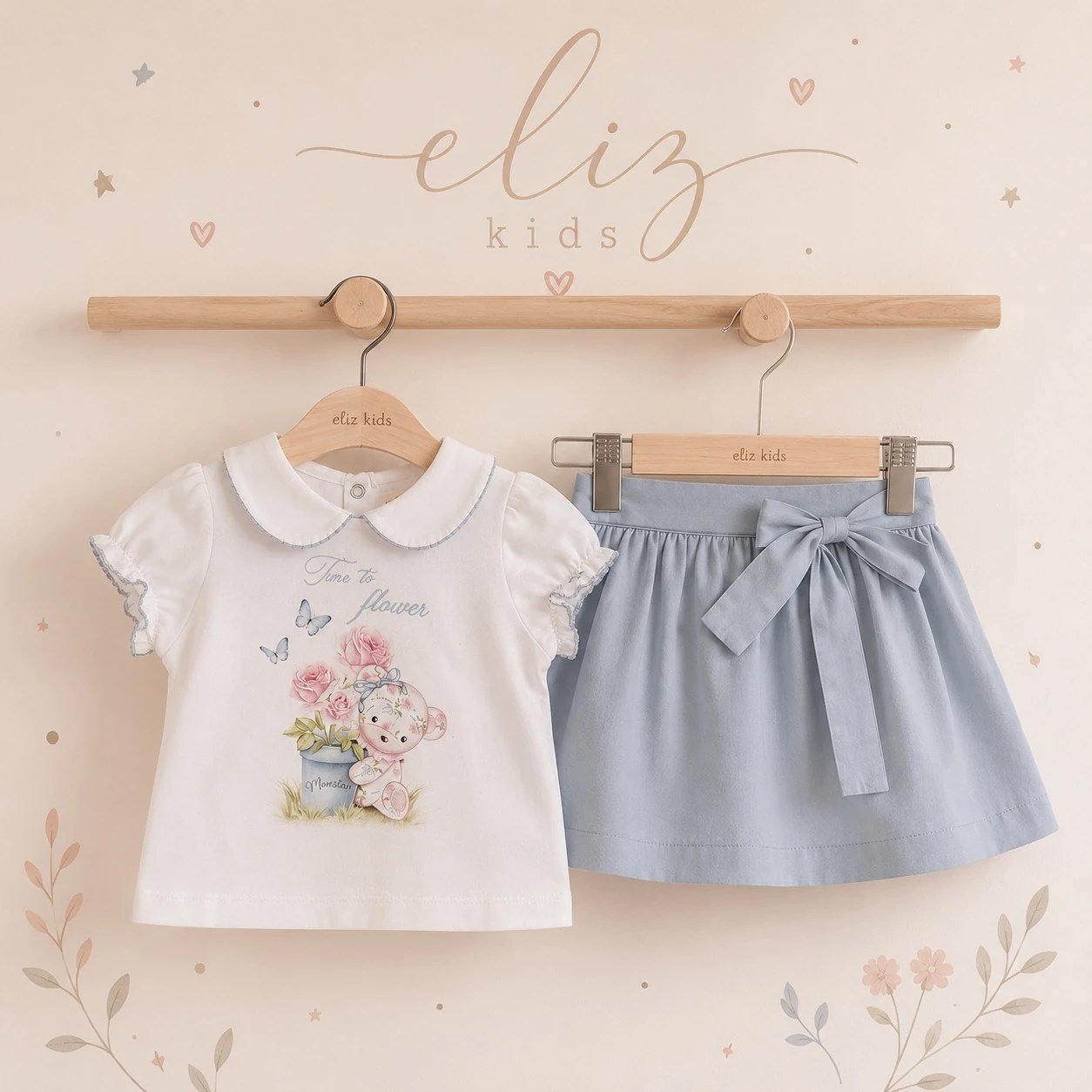 ROMPERLİ  ALT ÜST KIZ BEBEK TAKIMI MAVİ