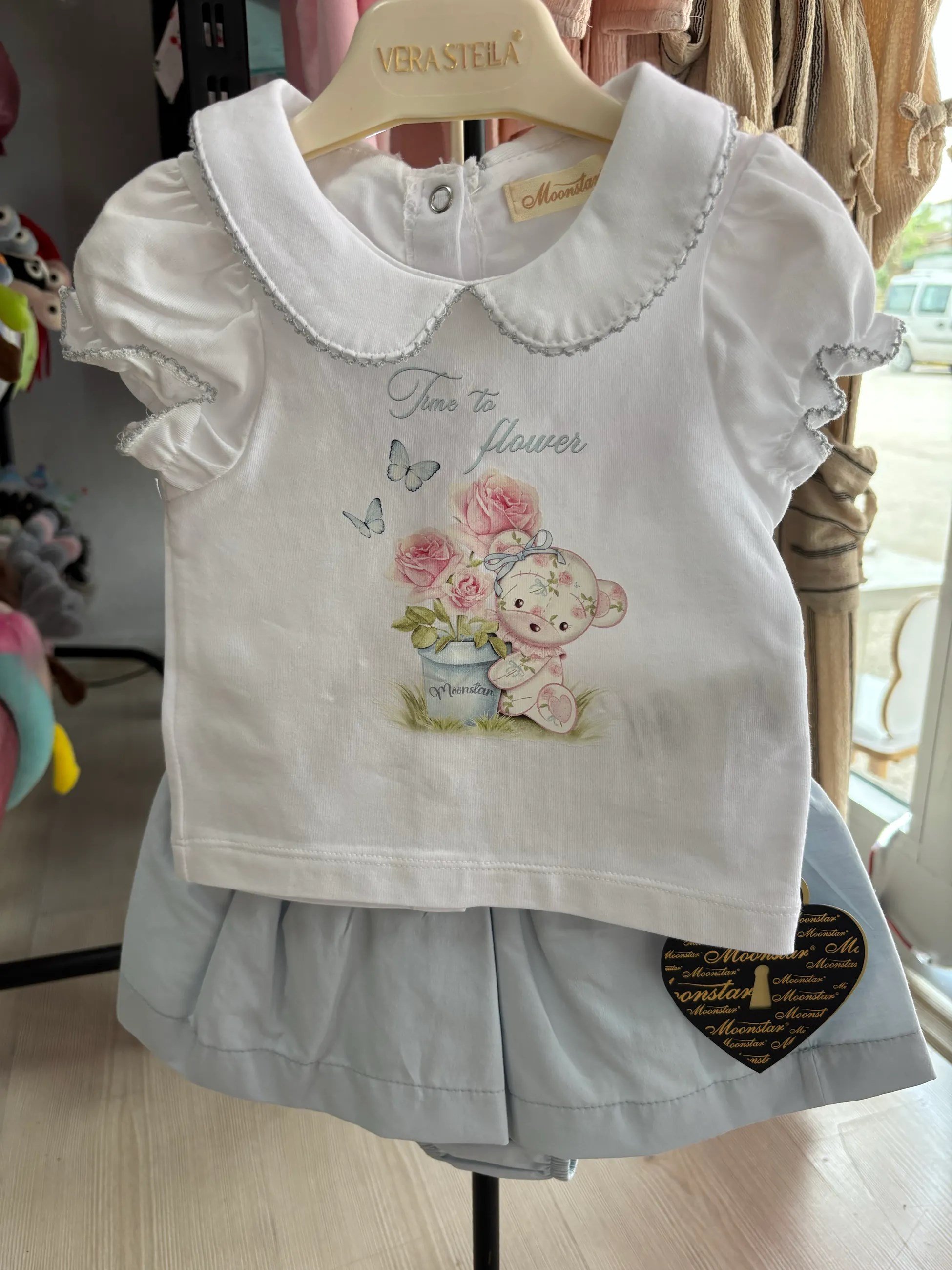ROMPERLİ  ALT ÜST KIZ BEBEK TAKIMI MAVİ
