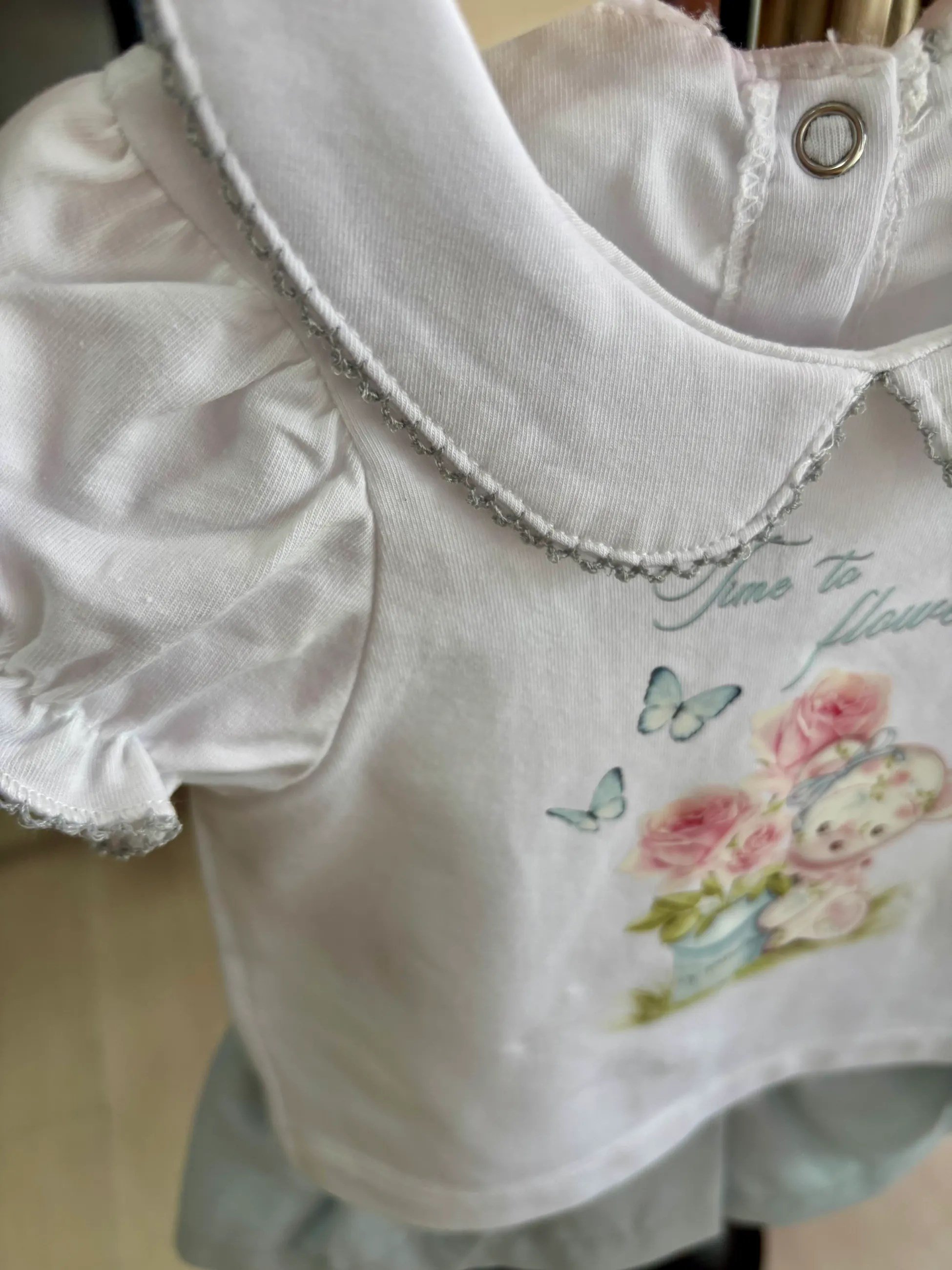 ROMPERLİ  ALT ÜST KIZ BEBEK TAKIMI MAVİ