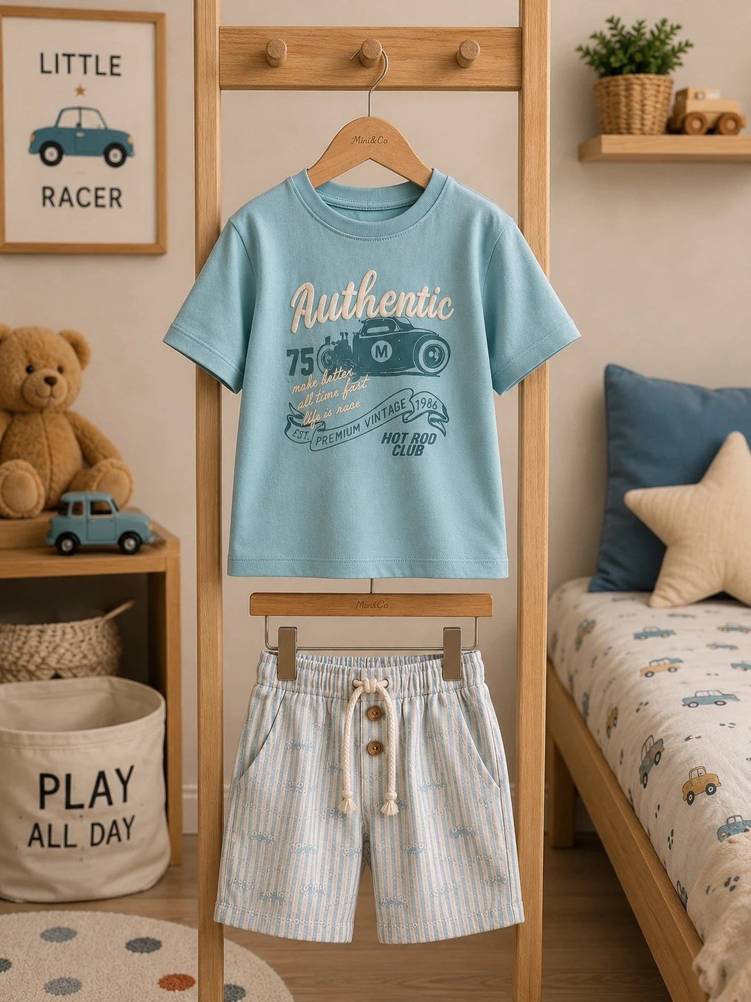 YEŞİL RENK ARABA DETAYLI KETEN ŞORTLU İKİLİ ERKEK ÇOCUK TAKIMI