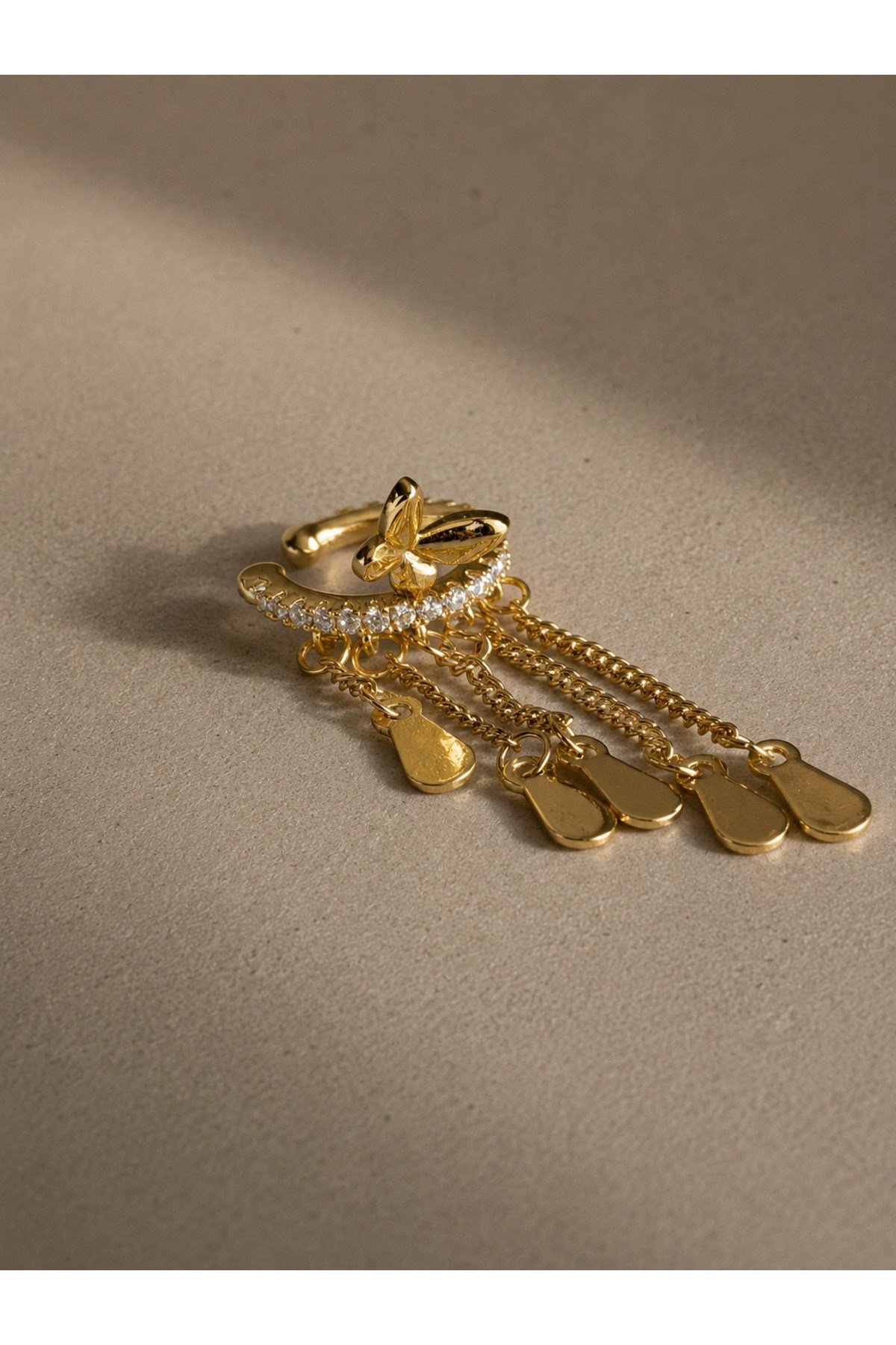 DéMila Premium Gold Butterfly Chain Earcuff | Taş Detaylı Lüks Kıkırdak Küpe
