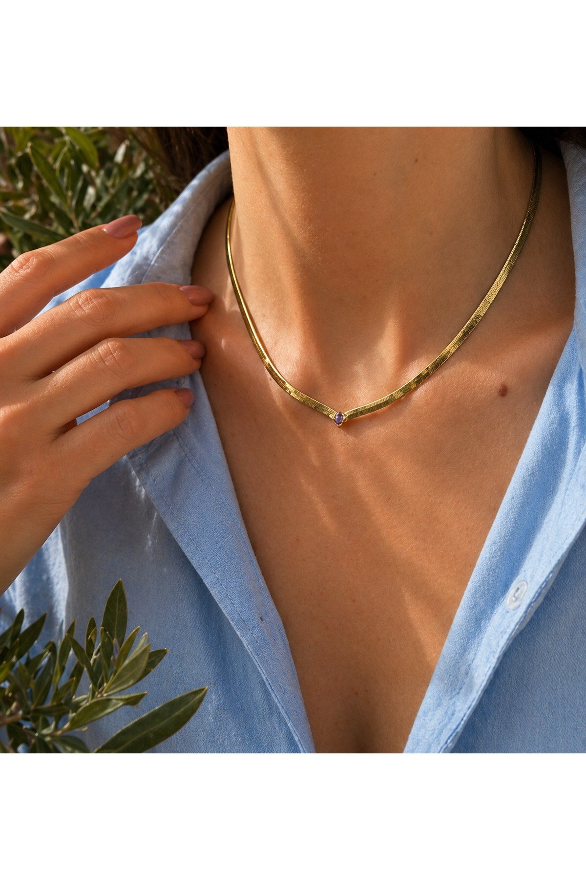 DéMila Vera Altın Renk Mor Taş Detaylı Choker Kadın Kolye