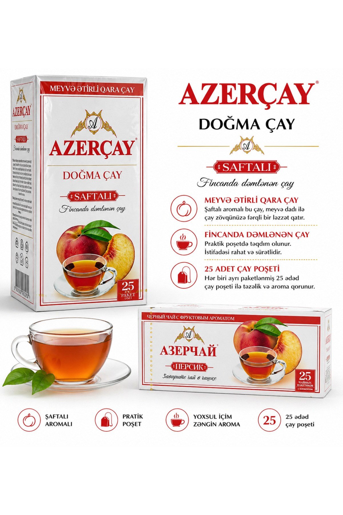 Azerçay Doğma Çay Şeftalili 25 Bardak Poşet