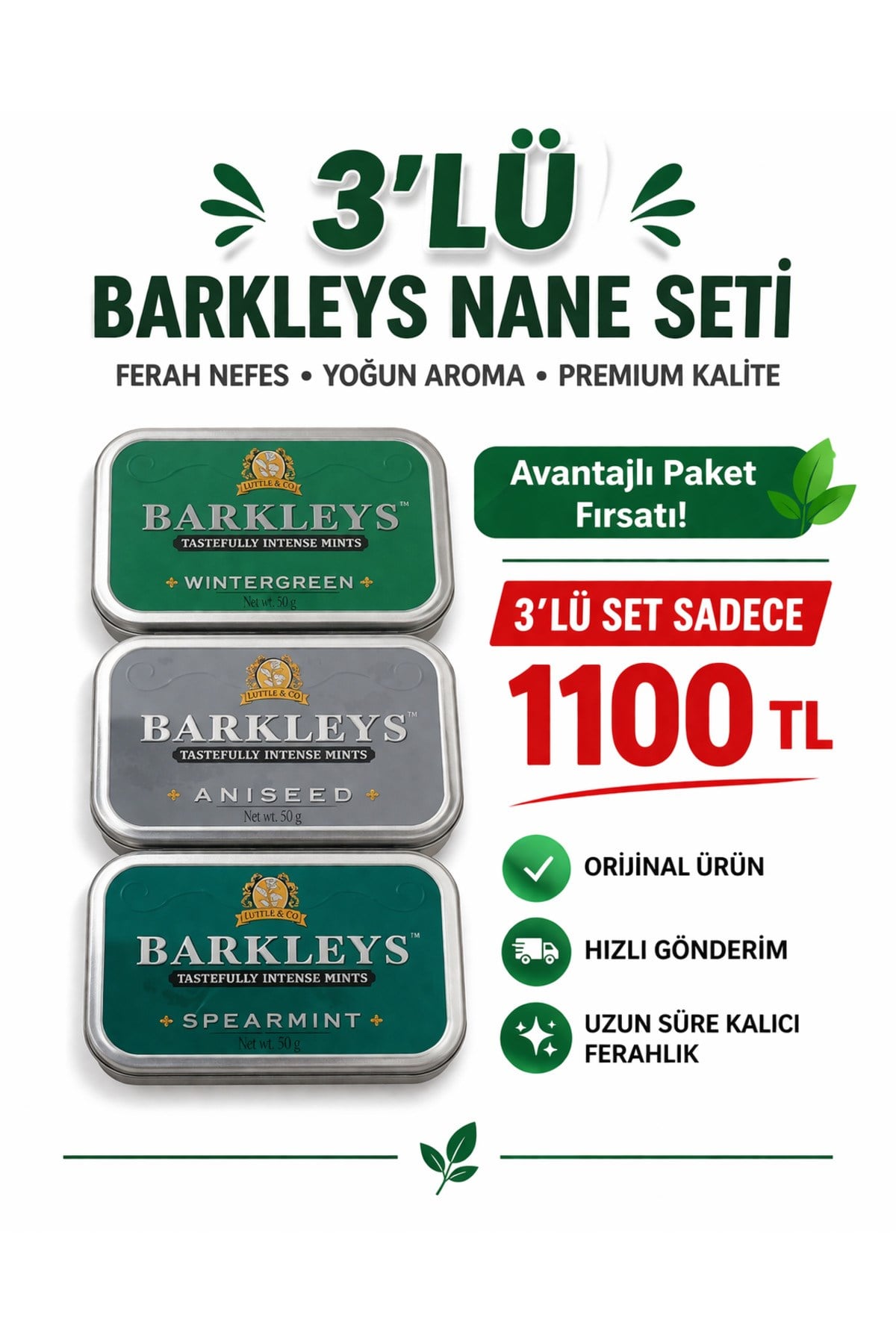 Barkleys Nane Şeker 3’lü Set 50g x3 Wintergreen Spearmint Aniseed
