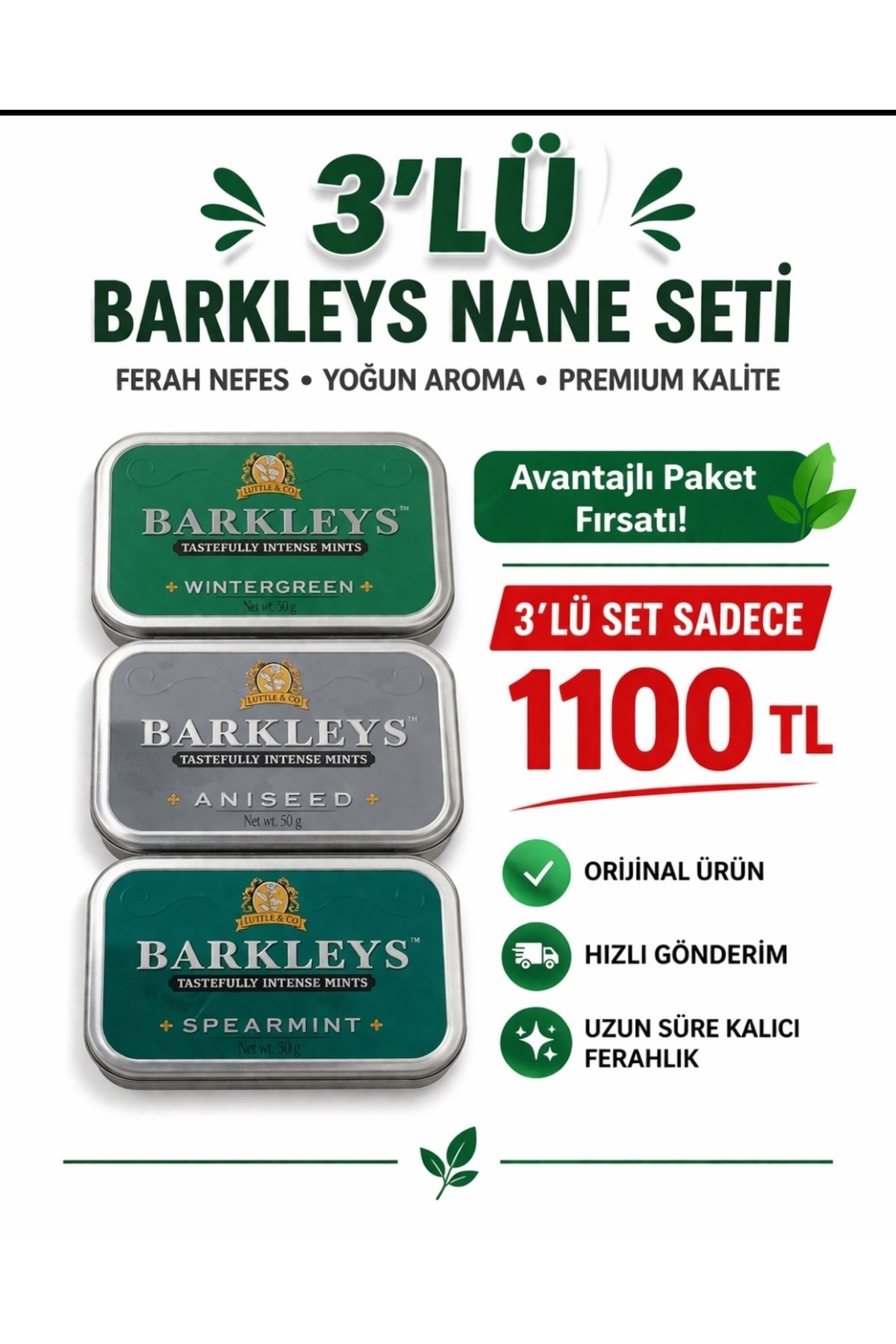 Barkleys Nane Şeker 3’lü Set 50g x3 Wintergreen Spearmint Aniseed