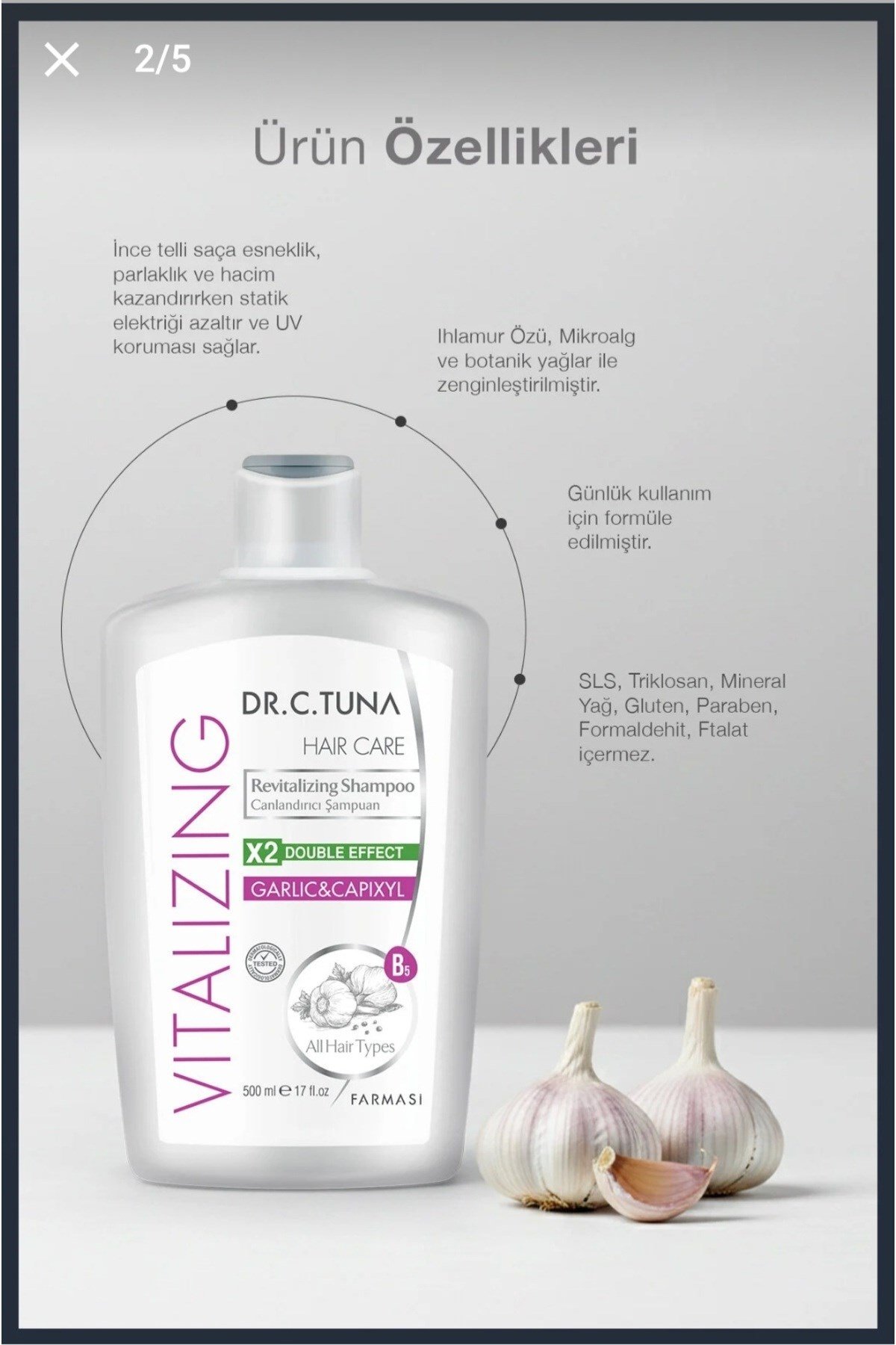 Dr. C. Tuna Vıtalızıng Sarımsaklı Şampuan 500 ml ×2 Adet ||ORJİNAL ÜRÜN || AVANTAJLI ÜRÜN ||