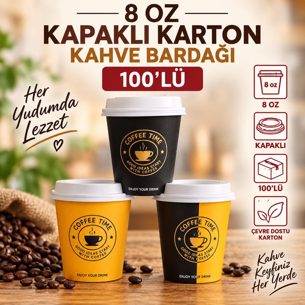 Tek Kullanımlık Kapaklı Karton Bardak 8 Oz 100 Adet Sıcak İçecek Bardağı
