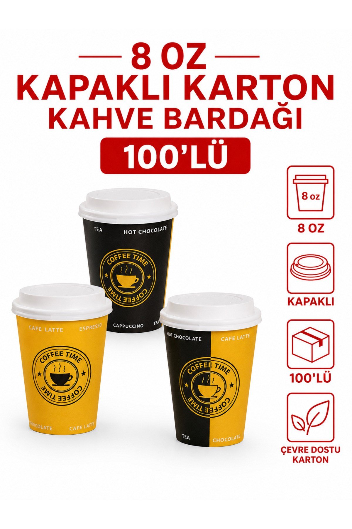 Tek Kullanımlık Kapaklı Karton Bardak 8 Oz 100 Adet Sıcak İçecek Bardağı