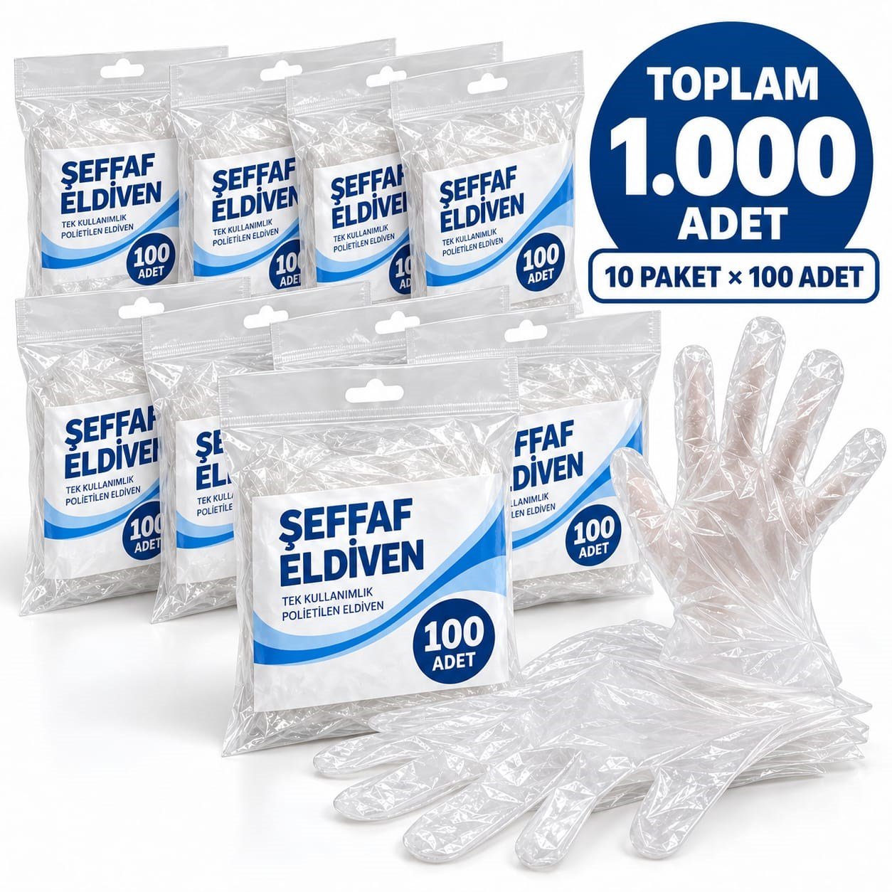 Tek Kullanımlık Şeffaf Poşet Eldiven 10 Paket 1000 Adet