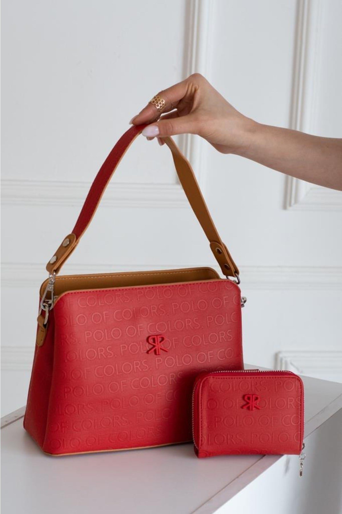 Darin Kırmızı Taba Kadın Kombin Çanta 25x30 Cüzdan 10x13 Ebat