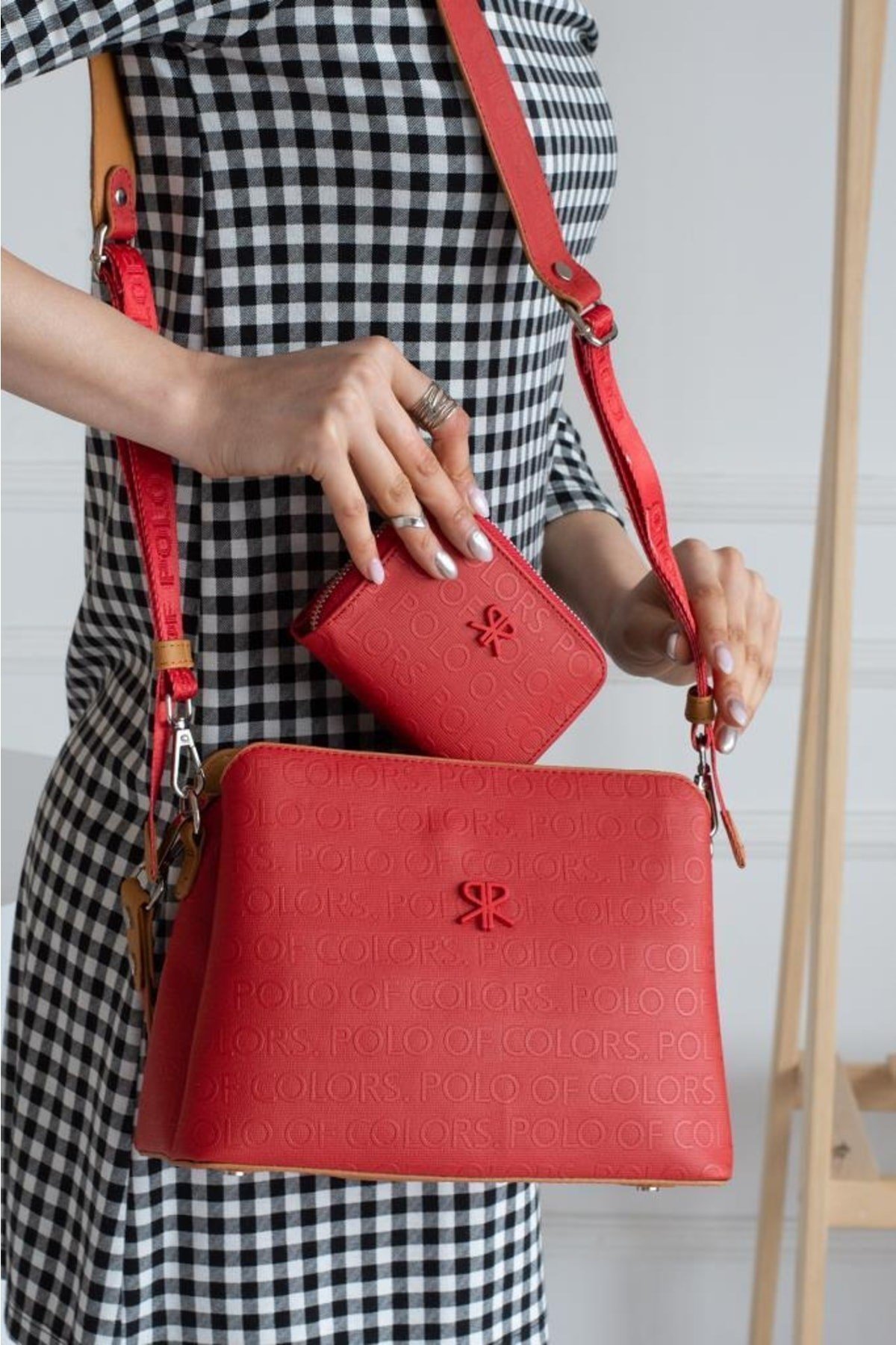 Darin Kırmızı Taba Kadın Kombin Çanta 25x30 Cüzdan 10x13 Ebat