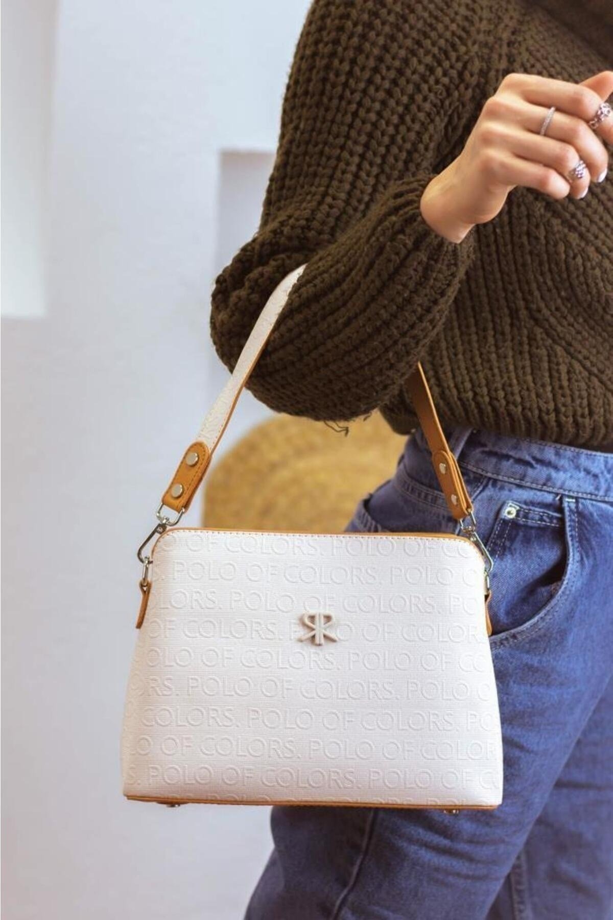 Darin Krem TabaGofraj Baskı Kadın Omuz Ve Çapraz Çantası 19x26 Ebatında
