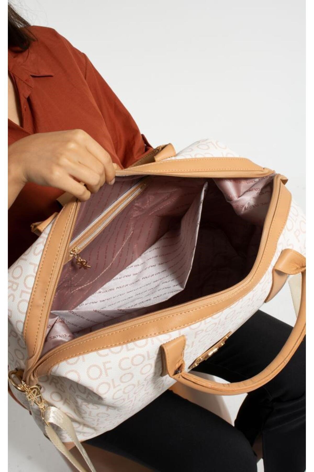 İmpolo BigBag KremKamelEmpirme Baskı Çok Amaçlı Seyhat Çantası 40x58 Ebatında
