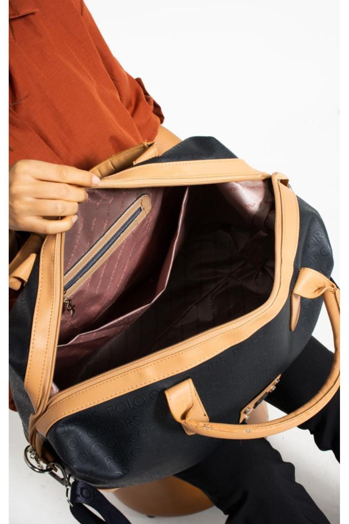 İmpolo BigBag LacivertTabaGofraj Baskı Çok Amaçlı Seyhat Çantası 40x58 Ebatında