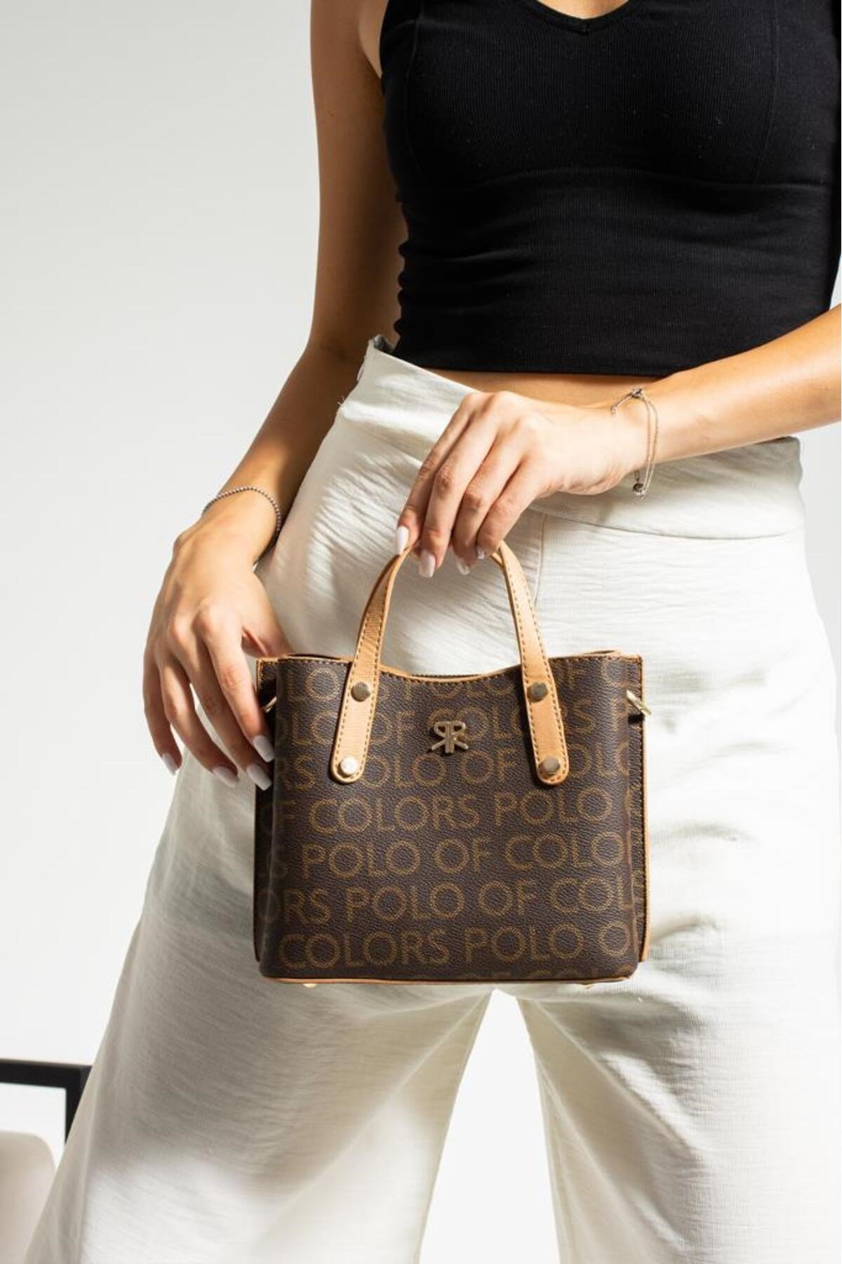 İmpolo Bloom KahveKamelEmpirme Baskı Kadın Omuz Ve Çapraz Çanta 17x21 Ebatında