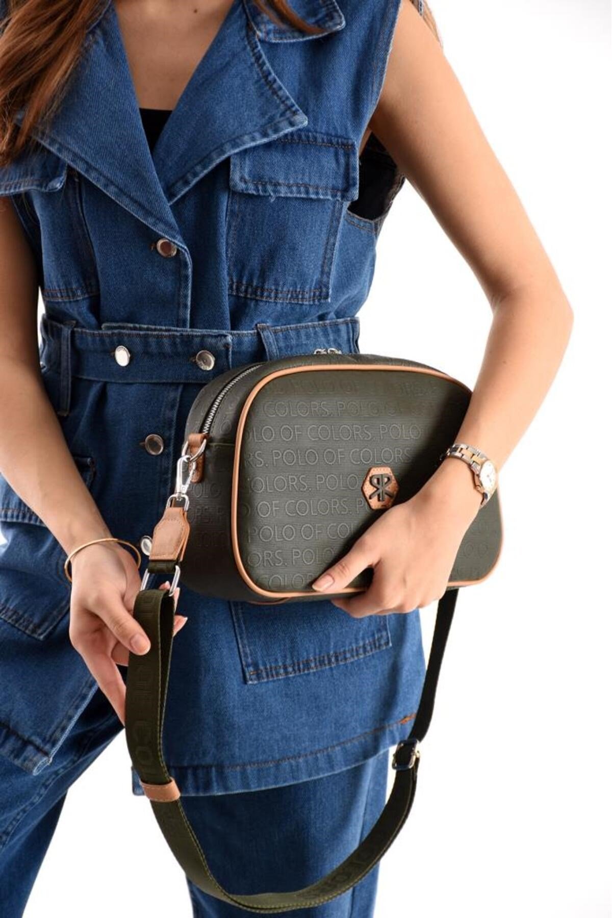 ImPolo Holly HakiYeşiliTabaGofraj Baskı Kadın Spor Çapraz Ve Omuz Çantası 20X28 Ebatında