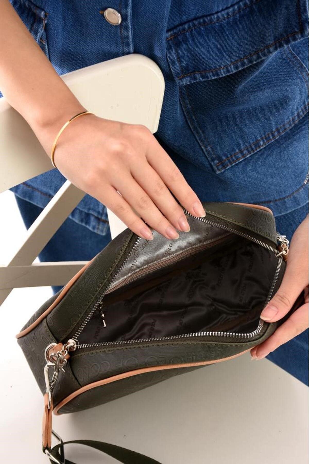 ImPolo Holly HakiYeşiliTabaGofraj Baskı Kadın Spor Çapraz Ve Omuz Çantası 20X28 Ebatında