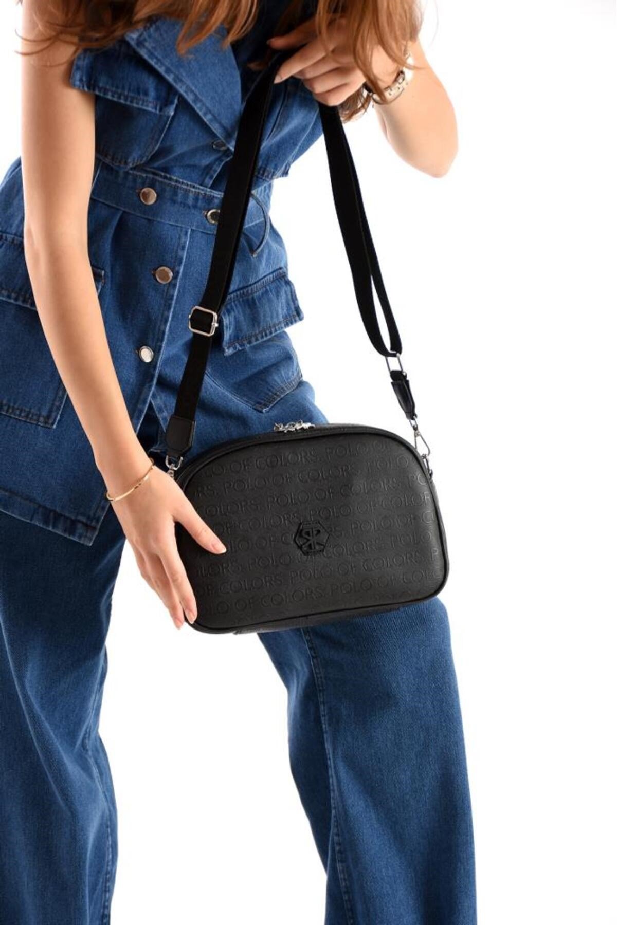 ImPolo Holly SiyahGofraj Baskı Kadın Spor Çapraz Ve Omuz Çantası 20X28 Ebatında