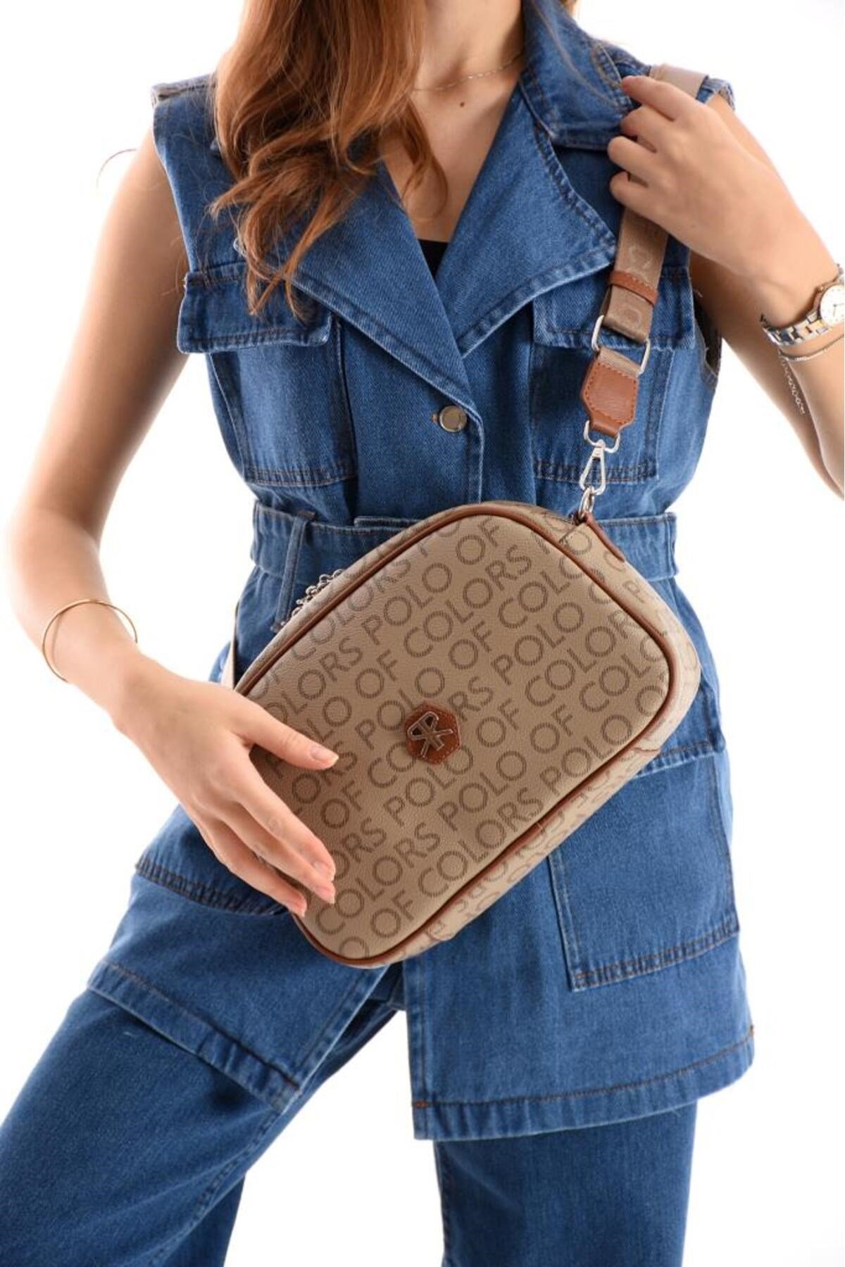 ImPolo Holly VizonKamelEmpirme Baskı Kadın Spor Çapraz Ve Omuz Çantası 20X28 Ebatında