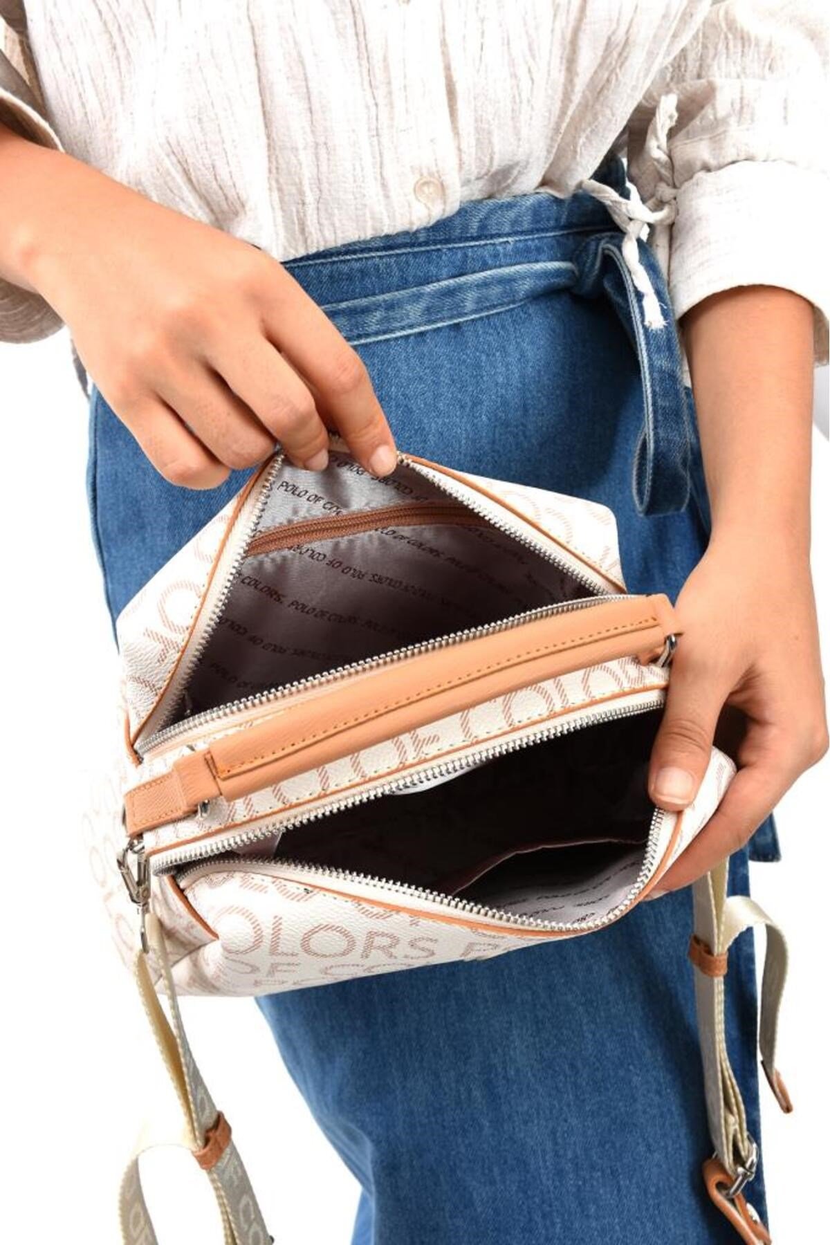 Selin Kremkamelempirme Baskı Kadın Omuz Ve Çapraz Çantası 18x25 Ebatında