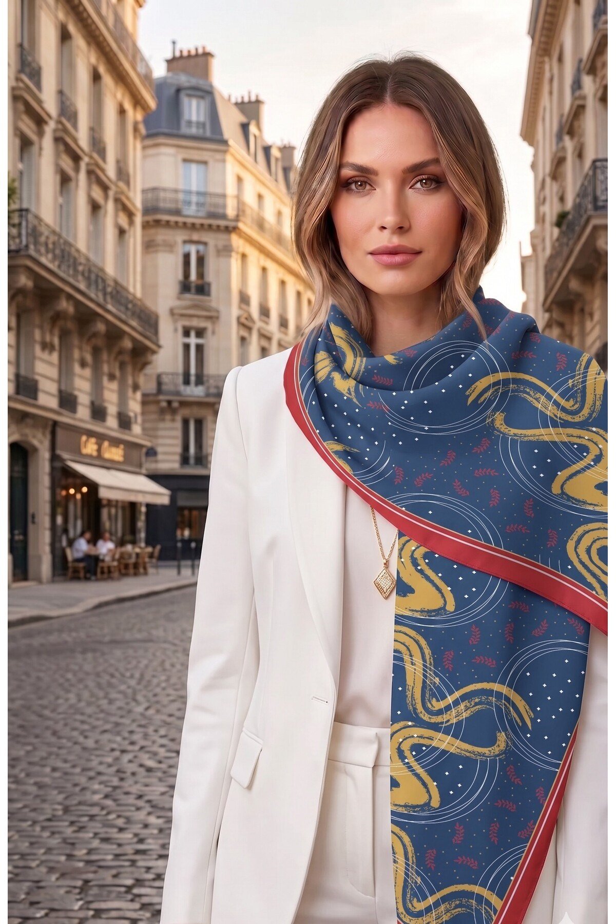 Benetton Fiore Desenli Şal B-S-1015 İndigo