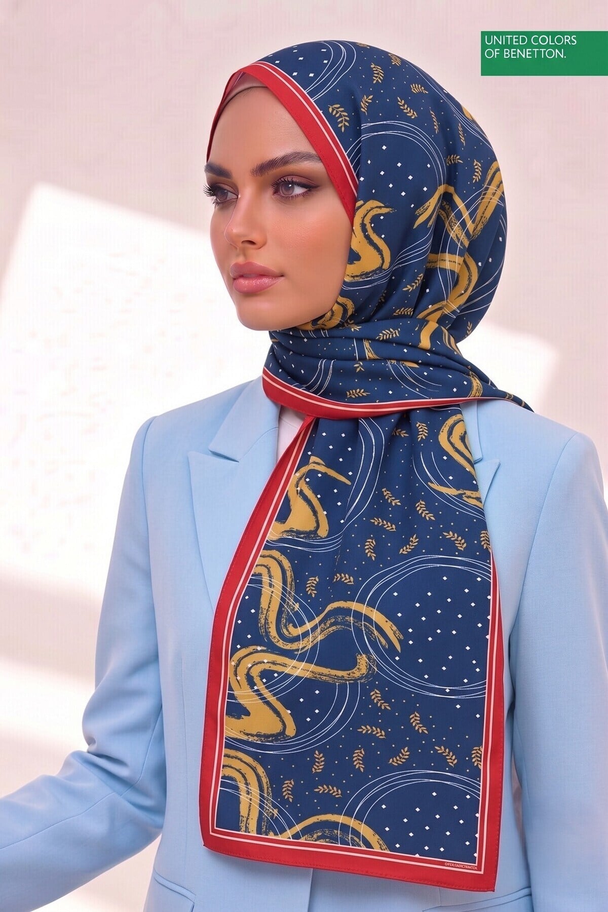 Benetton Fiore Desenli Şal B-S-1015 İndigo