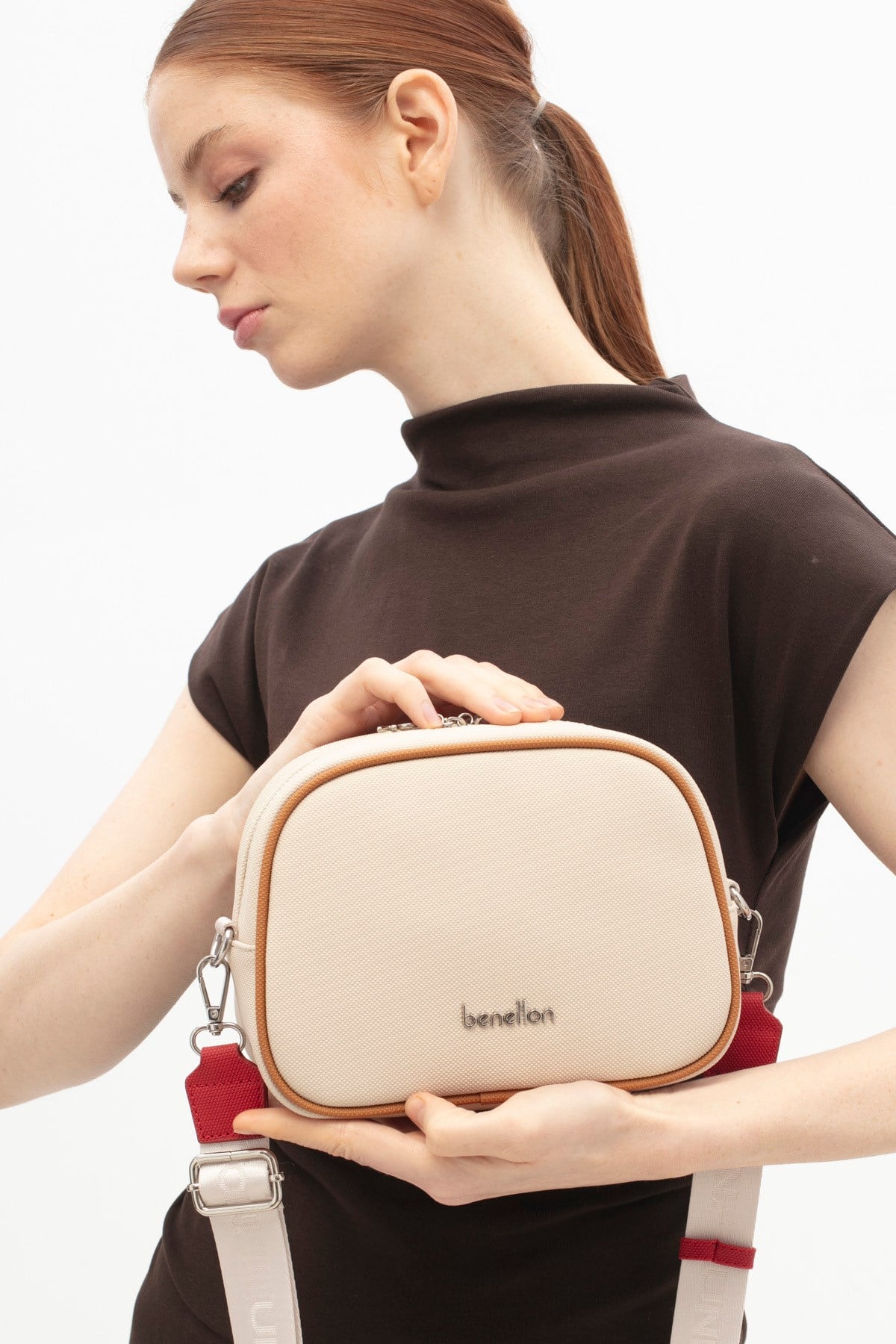 Benetton Kadın Kol Çantası BNT1838 Bej-Camel-Kırmızı