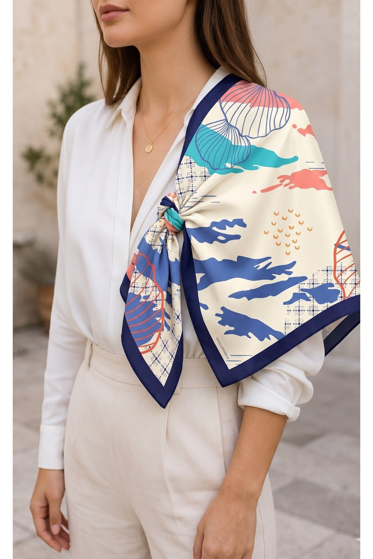Benetton Sıena Desenli Eşarp B-E-1006 Lacivert