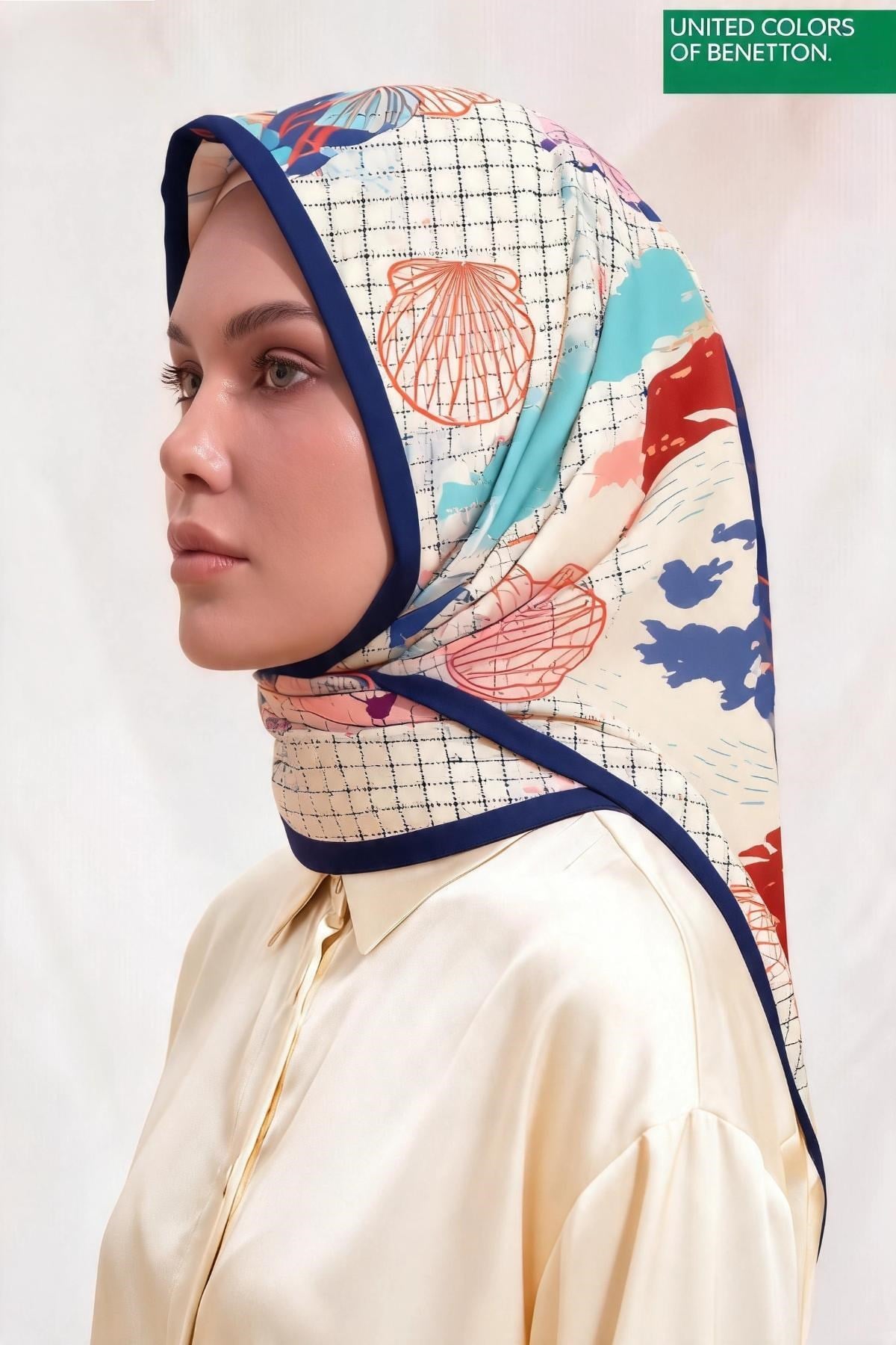 Benetton Sıena Desenli Eşarp B-E-1006 Lacivert