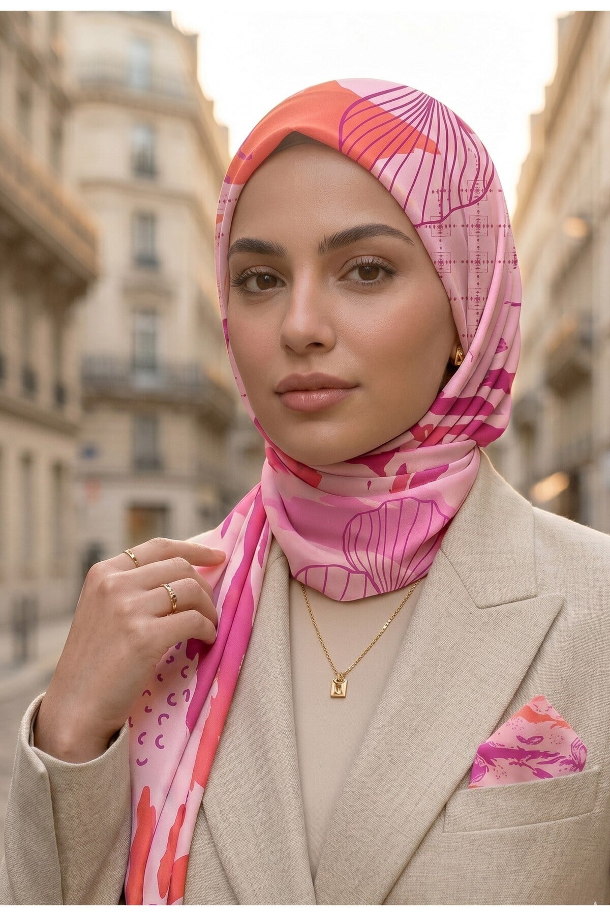 Benetton Sıena Desenli Eşarp B-E-1006 Şeftali