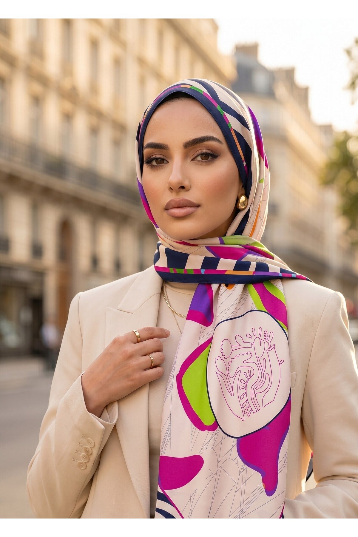 Benetton Sıena Desenli Eşarp B-E-1009 Lacivert