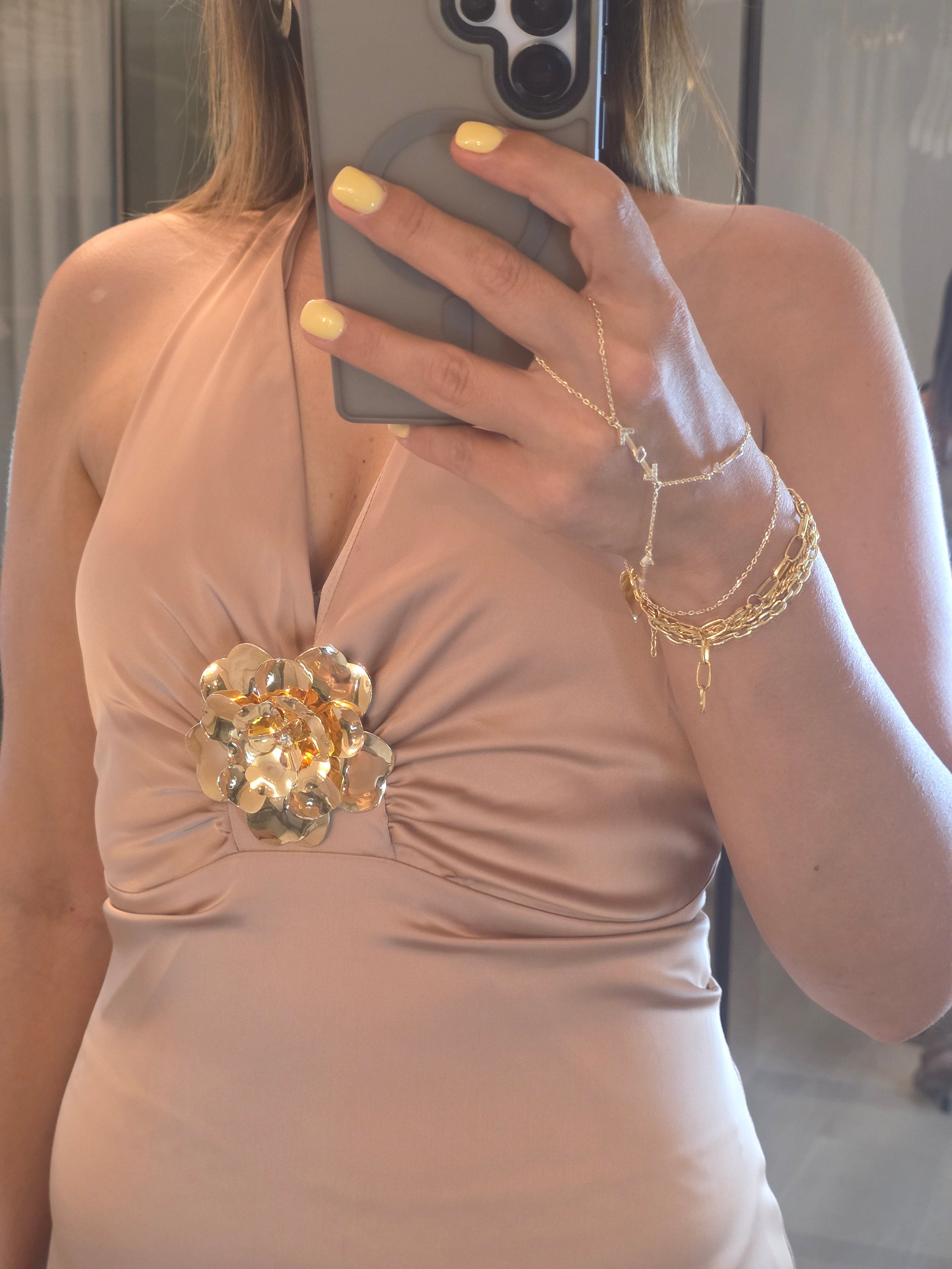 Gold Tokalı Saten Elbise