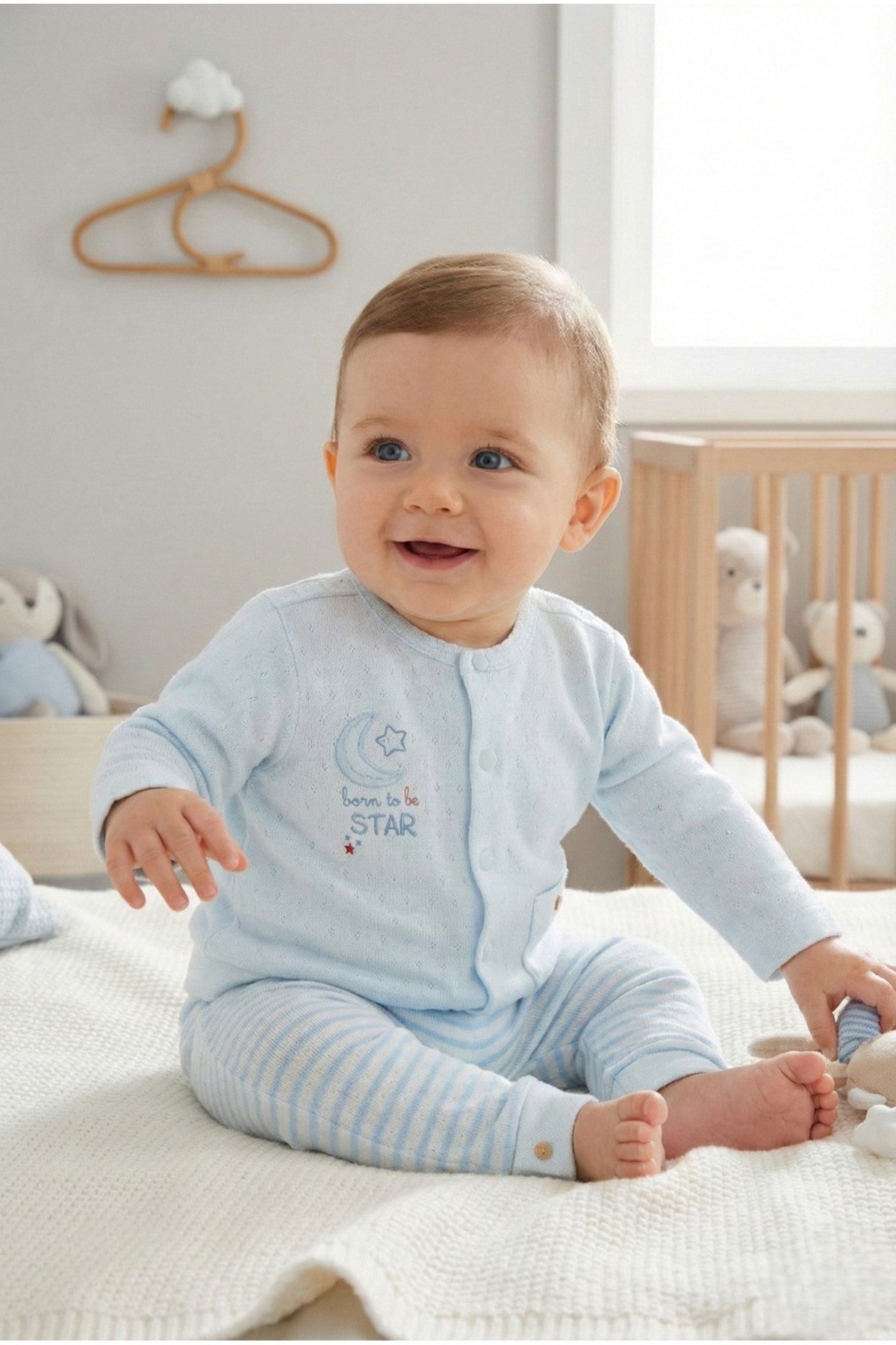 %100 Pamuk Erkek Bebek Takımı İnce Nefes Alabilen Kumaş Nakışlı 2'li Alt Üst Takım