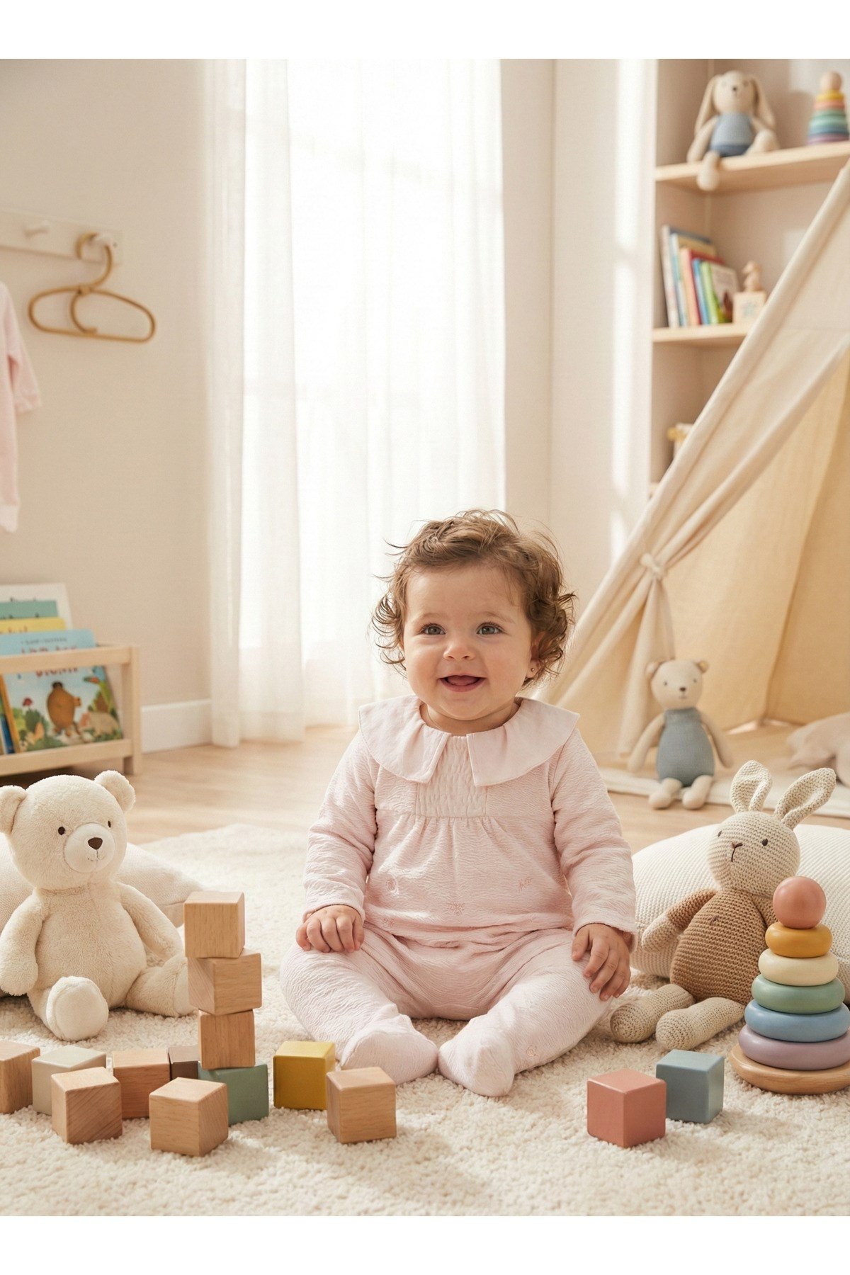 %100 Pamuk Kız Bebek Tulumu Nakışlı Bebe Yakalı Tulum(1-3 , 3-6 aylar patikli)-(6-9 ay patiksiz)