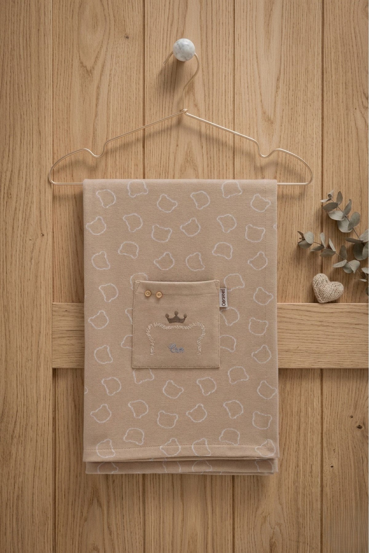 Bebek Battaniyesi Ayıcık Desenli Taç Nakışlı Cepli Pamuklu 80x80 cm Beşik, puset, ana kucağı ve bebek arabası Örtüsü