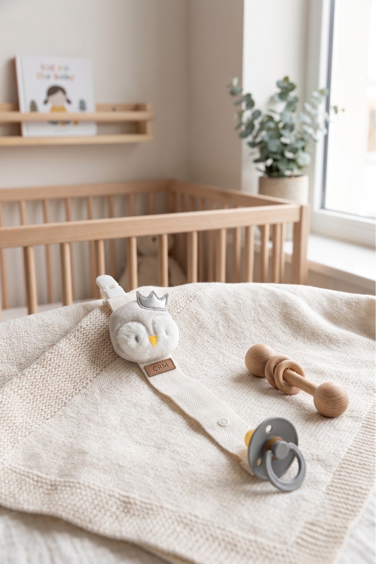 Bebek Emzik Askısı Çıtçıtlı Klipsli - Gümüş Taçlı Peluş Penguen Desenli (0-24 ay)