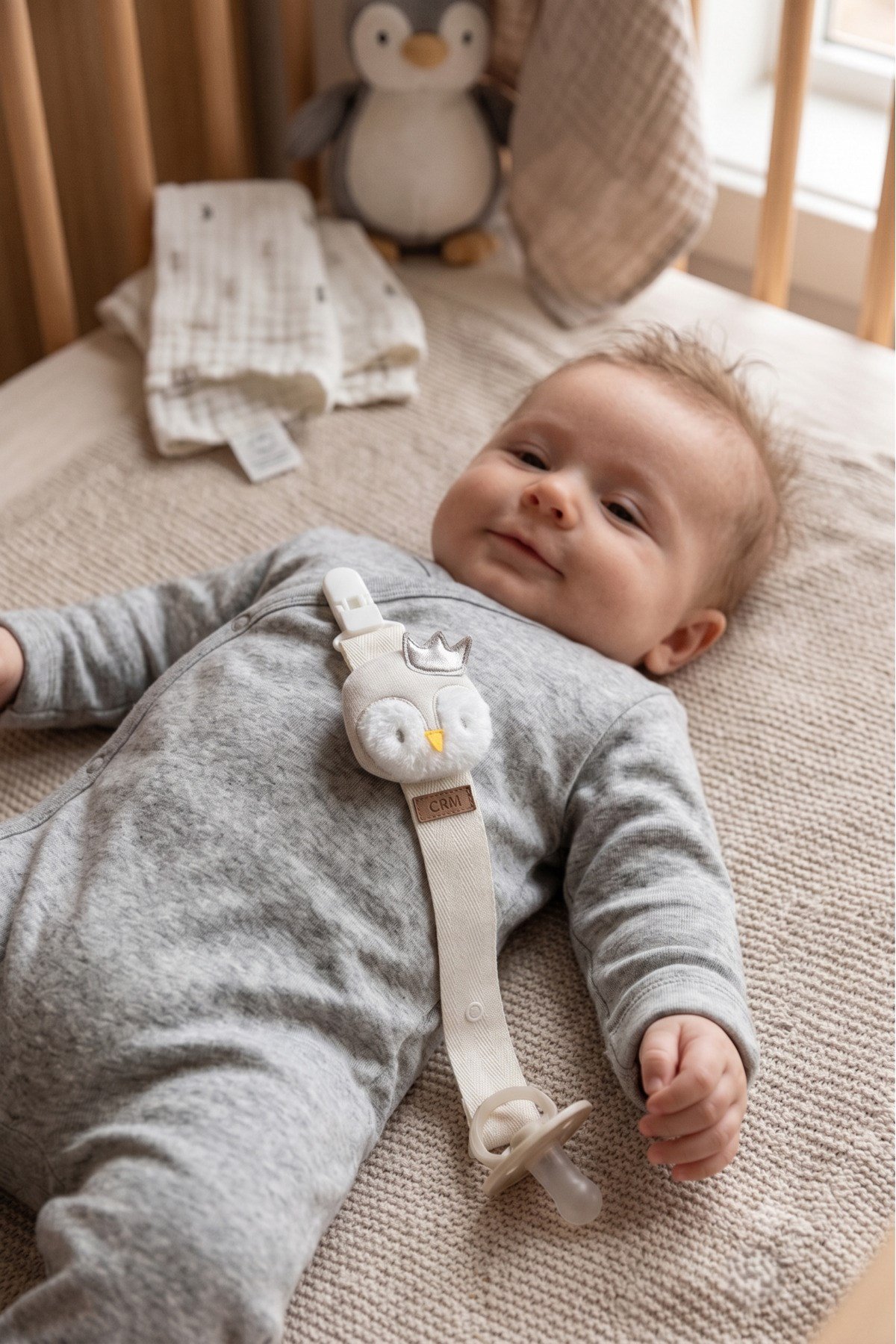Bebek Emzik Askısı Çıtçıtlı Klipsli - Gümüş Taçlı Peluş Penguen Desenli (0-24 ay)