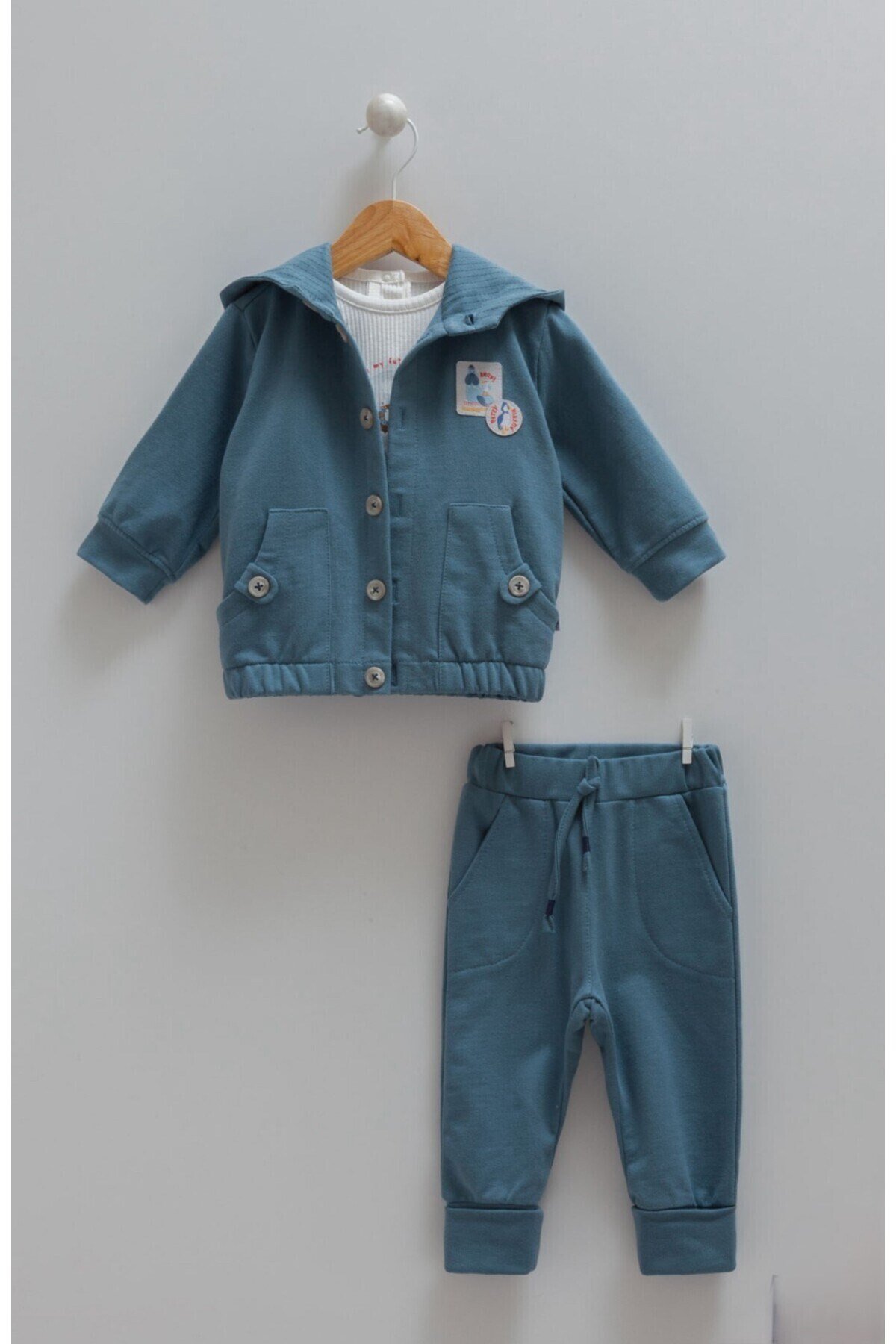 Bebek Takımı Kapüşonlu Hırka Body Pantolon 3lü Set 100%pamuk Renk-petrol