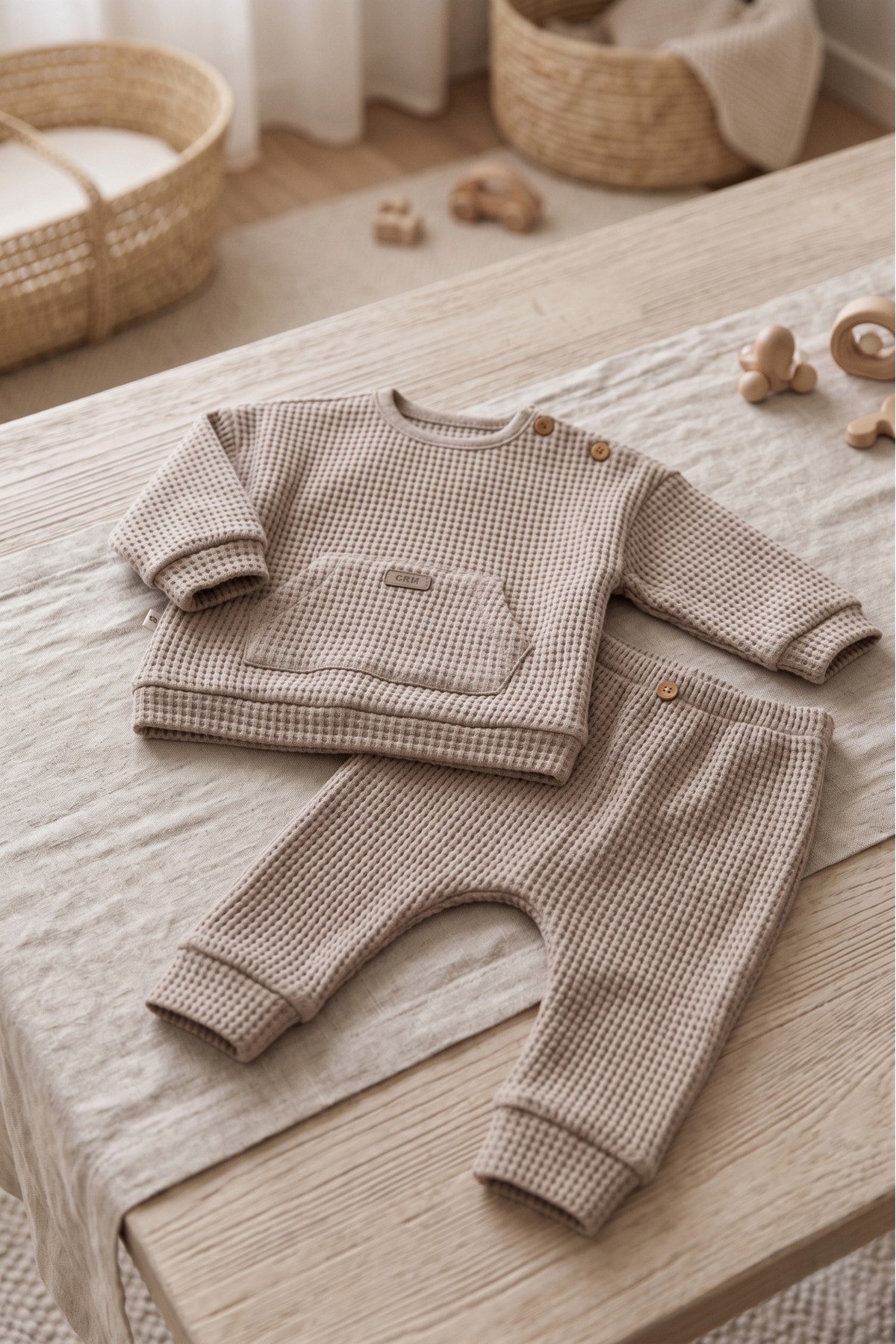 Bebek Takımı Waffle Kumaş %98 Pamuklu Ahşap Düğmeli Kanguru Cepli Unisex (1-12 Ay)