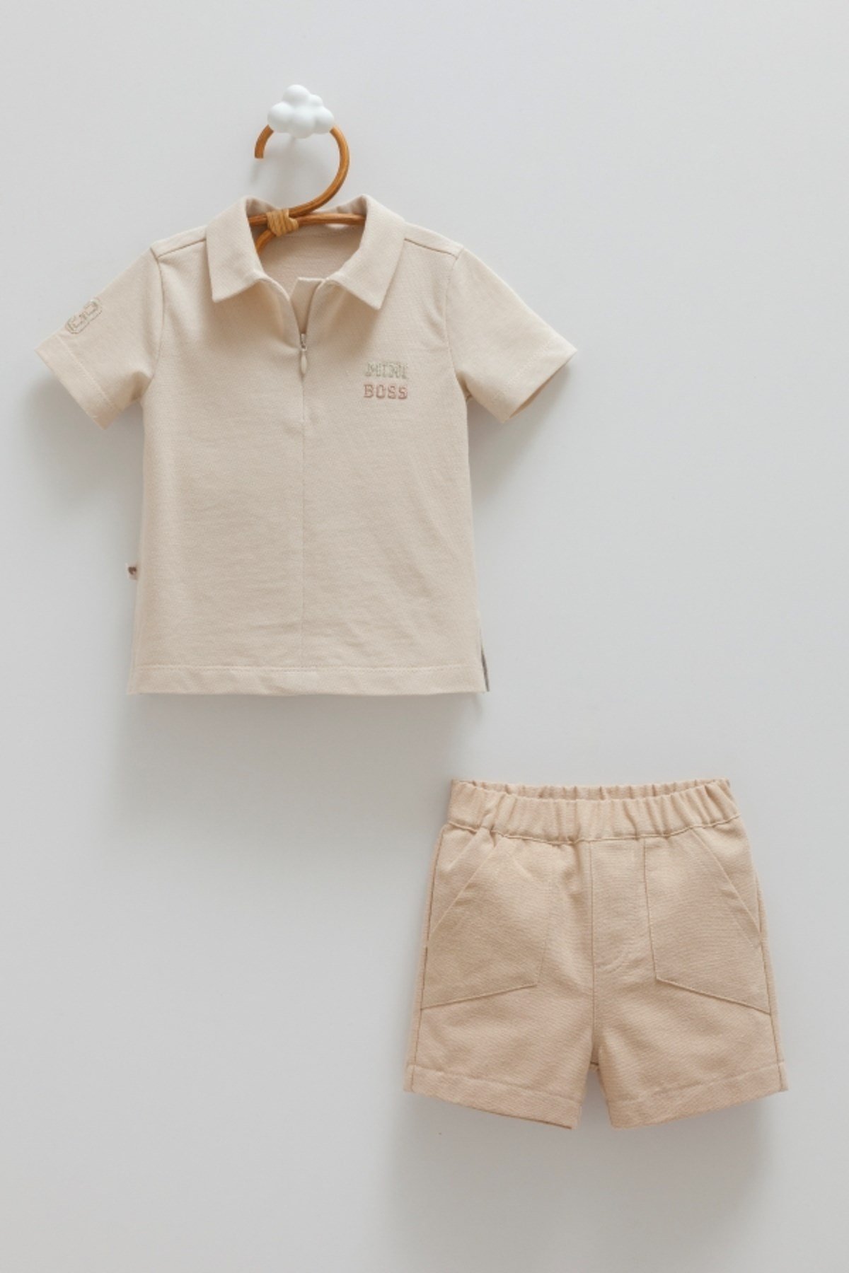 Erkek Bebek Polo Yaka Şortlu Takım Mini Boss Nakışlı (%60 PAMUK KETEN %40 PAMUK) (6 Ay - 3 Yaş)