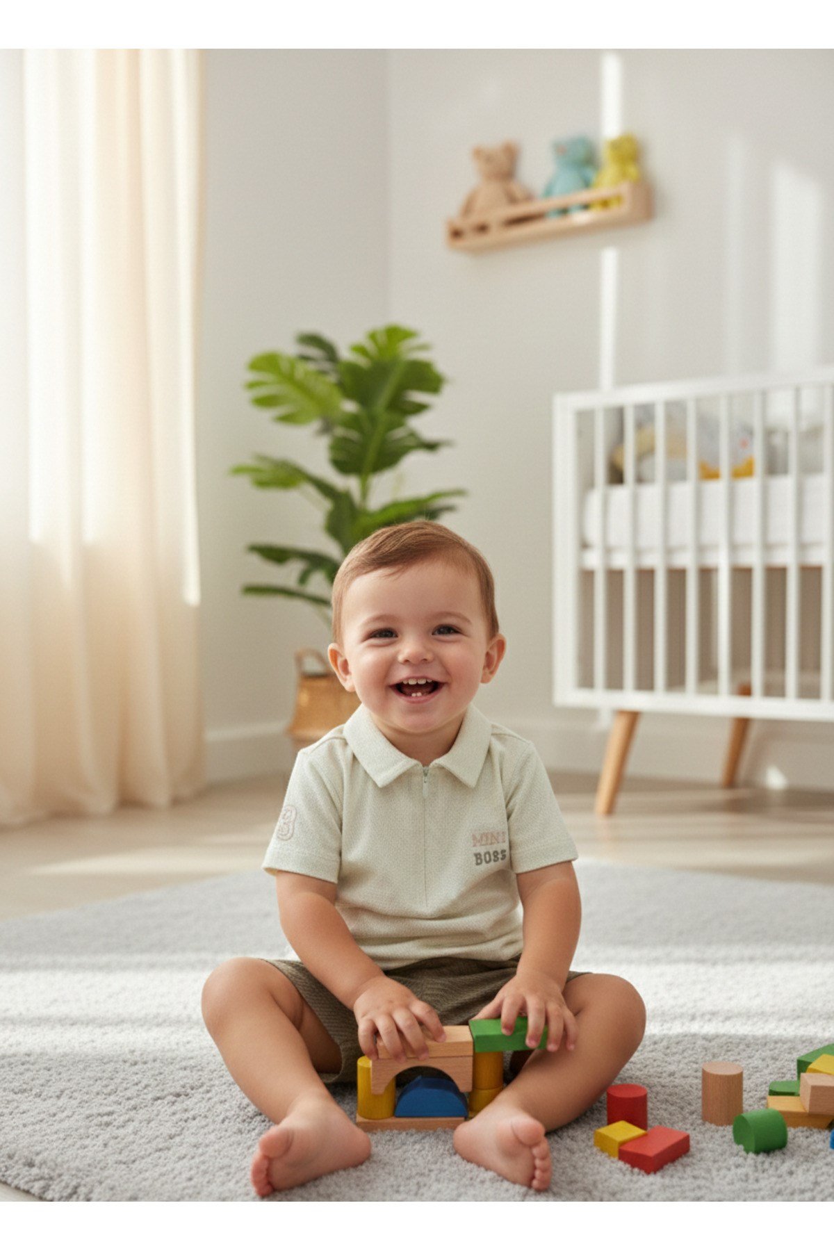 Erkek Bebek Polo Yaka Şortlu Takım Mini Boss Nakışlı (%60 PAMUK KETEN %40 PAMUK) (6 Ay - 3 Yaş)