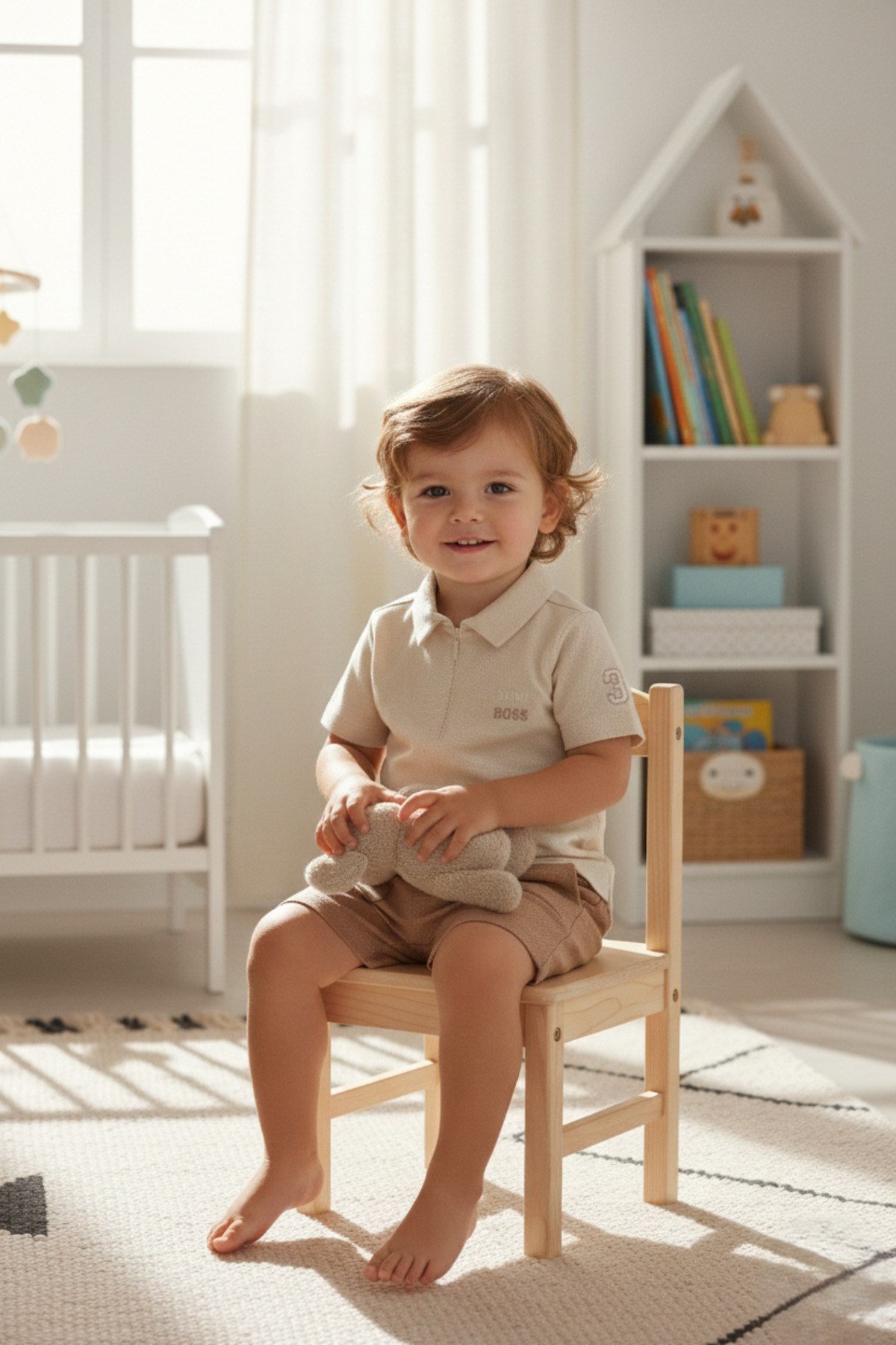 Erkek Bebek Polo Yaka Şortlu Takım Mini Boss Nakışlı (%60 PAMUK KETEN %40 PAMUK) (6 Ay - 3 Yaş)