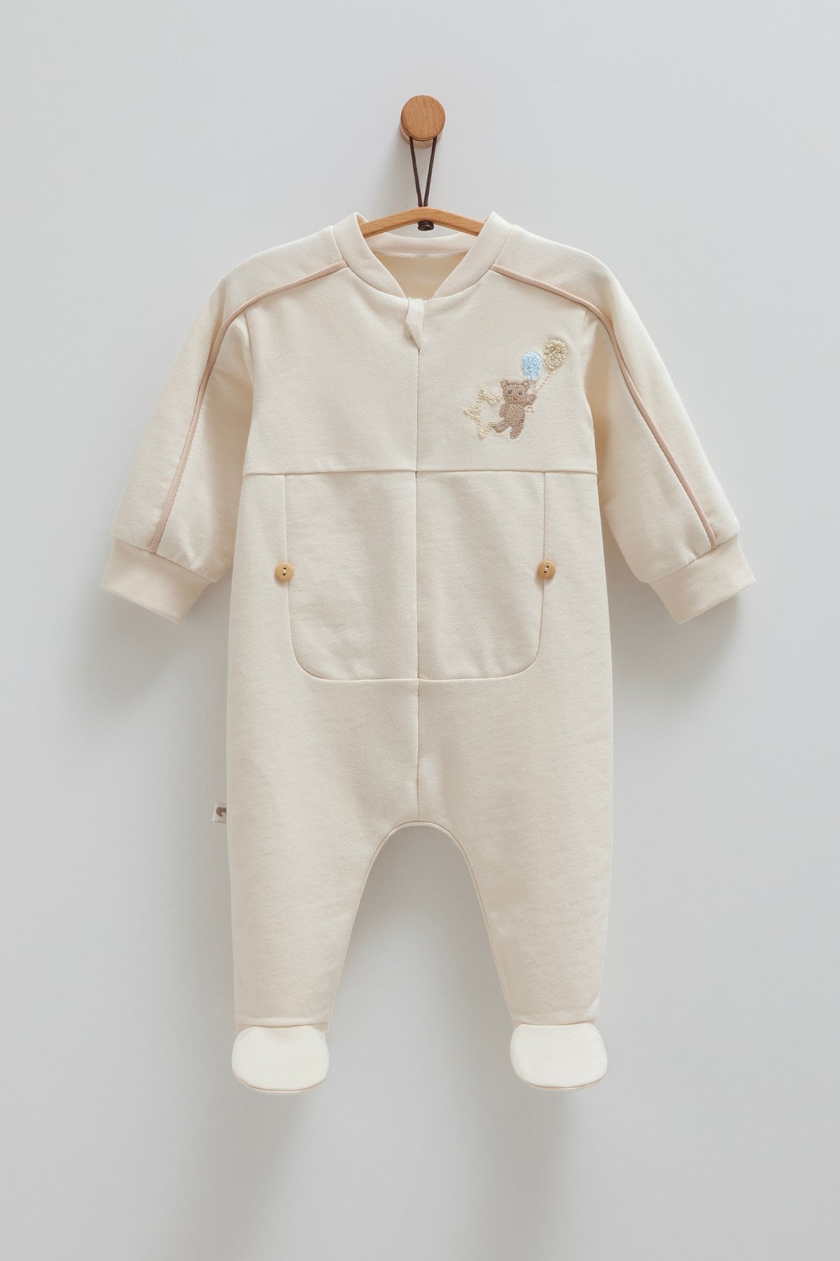 Erkek Bebek Tulumu Ayıcık Nakışlı Interlok Kumaş (1-12 AY)