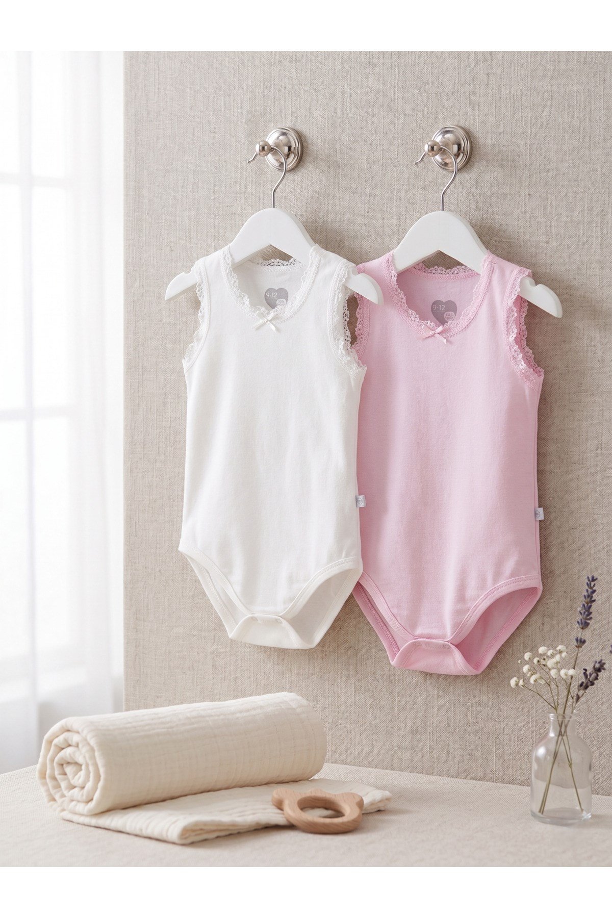 Kız Bebek 2'li Pembe Beyaz Dantel Detaylı %95 Pamuklu Çıtçıtlı Body Zıbın Seti