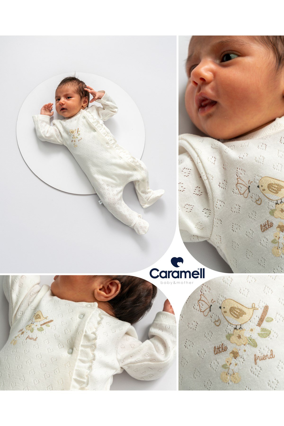 Kız Bebek Tulumu %100 Pamuklu Fırfırlı Kuş Nakışlı - Jakarlı Hava Geçirgen 0-6 AY